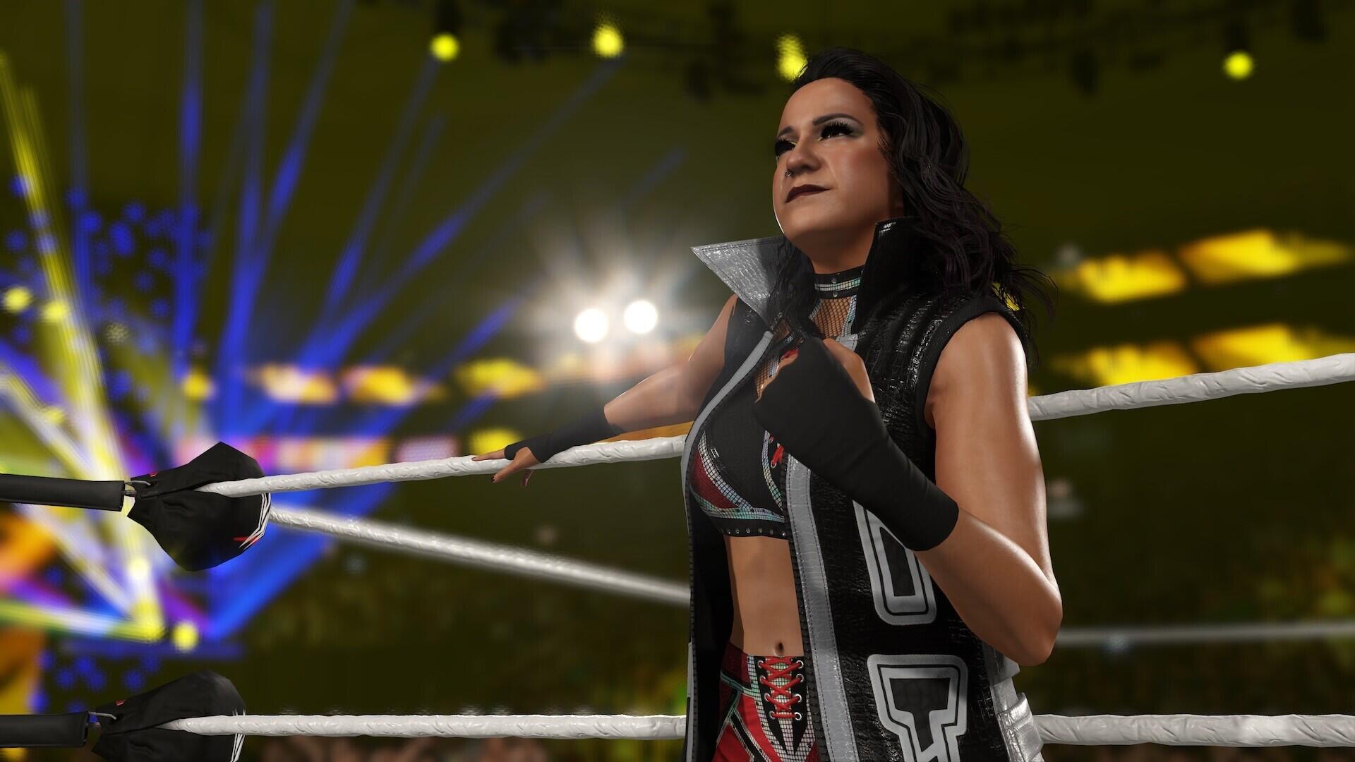 HD wallpaper from WWE 2K25 featuring a female wrestler confidently standing in the ring, surrounded by vibrant lights and an electrifying atmosphere.