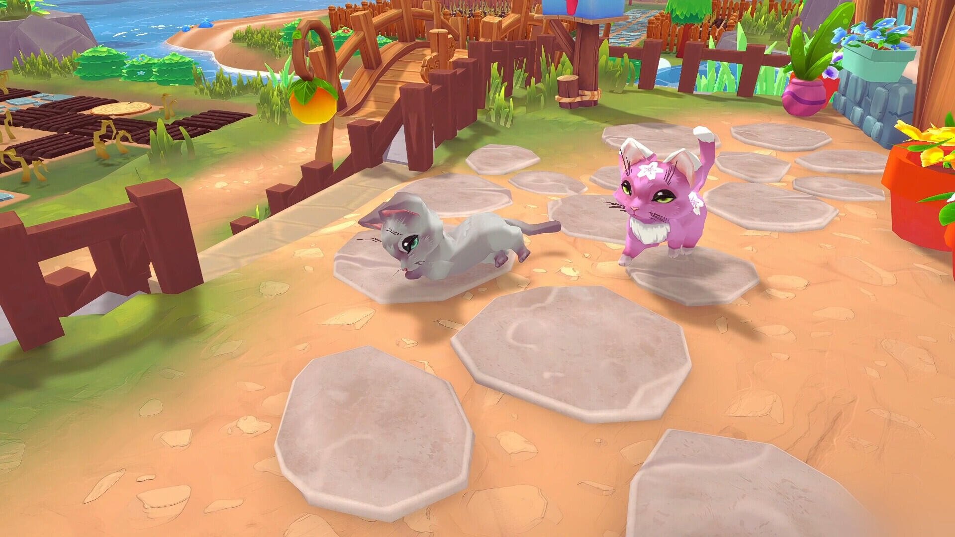 HD PC desktop wallpaper from the video game Sugardew Island, featuring colorful, playful animal characters on a sunny path near a cozy farm shop.