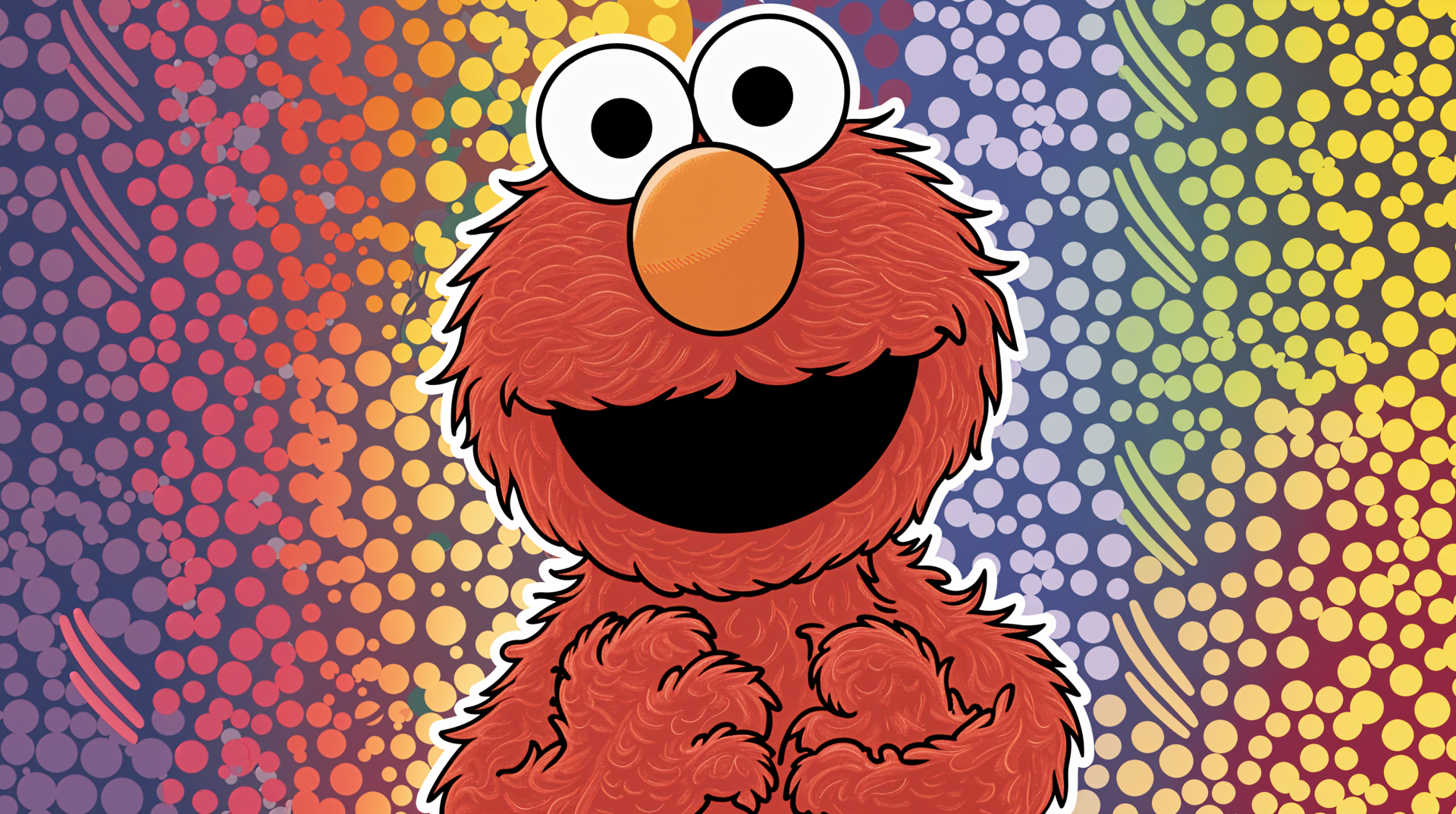Bright and cheerful Elmo from Sesame Street stands against a vibrant, colorful background in this 4K Ultra HD desktop wallpaper, adding a playful touch to any screen.