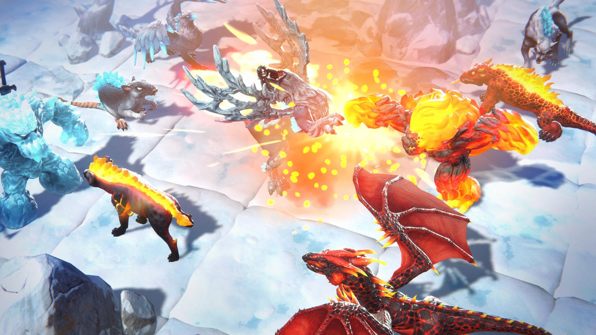 A dynamic scene from the video game Eldrador Creatures Shadowfall, showcasing vibrant battles between mythical creatures. A visually striking 4K Ultra HD wallpaper.