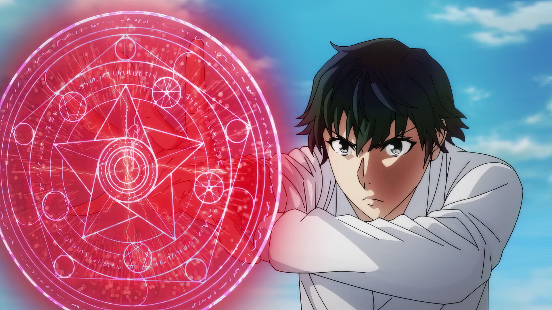 Anime-inspired HD wallpaper from A Returner's Magic Should Be Special, featuring a focused character conjuring a glowing red magical symbol.