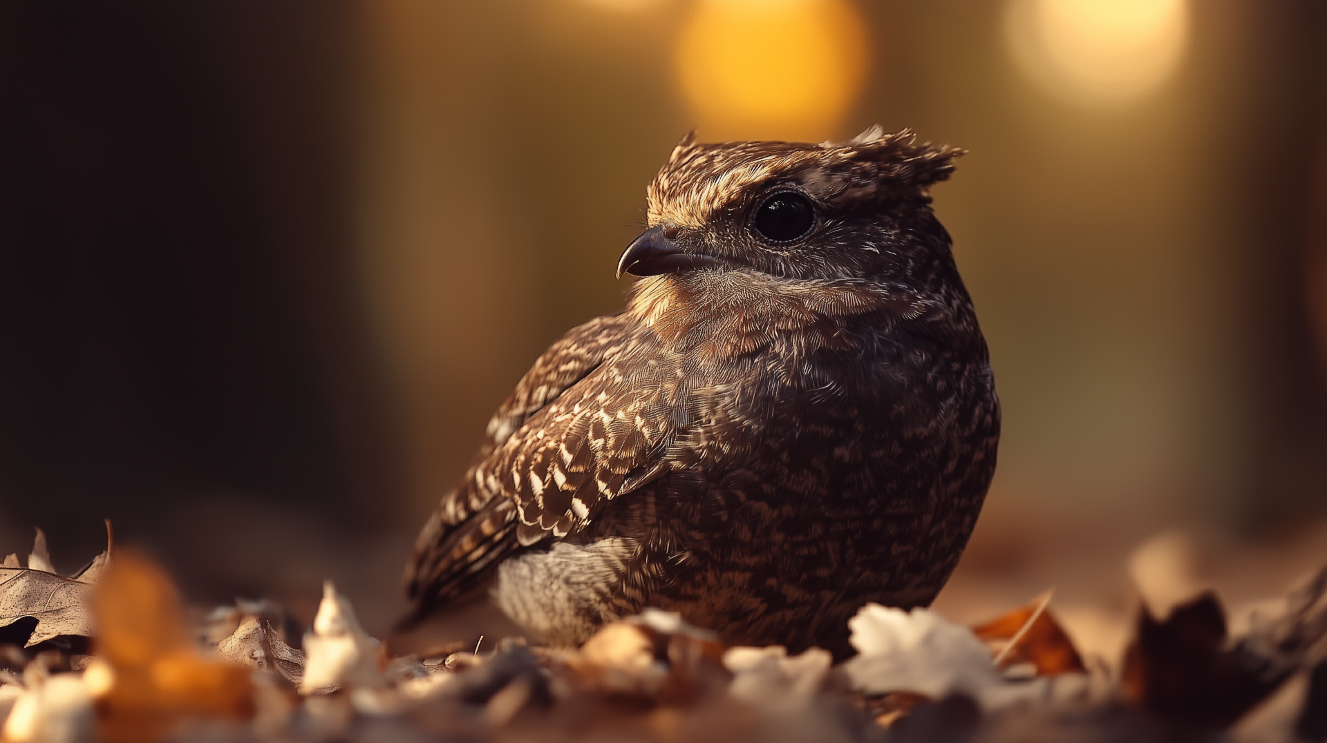 A close-up of a Nightjar bird resting on earthy leaves, showcasing its intricate feathers and alert expression, set against a softly blurred, warm-toned background. Suitable as a HD desktop wallpaper.