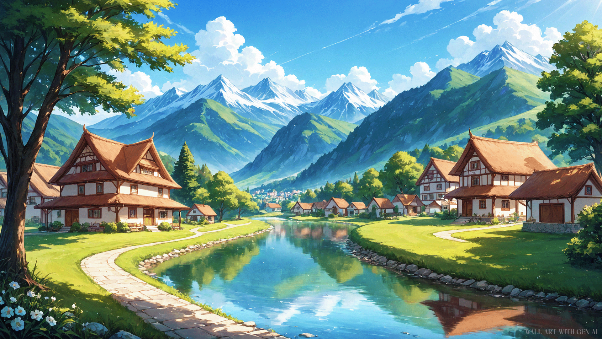 HD PC desktop wallpaper background: vibrant outdoor mountain village with timber houses along a glassy river, lush trees and green banks under a bright blue sky dotted with fluffy clouds.