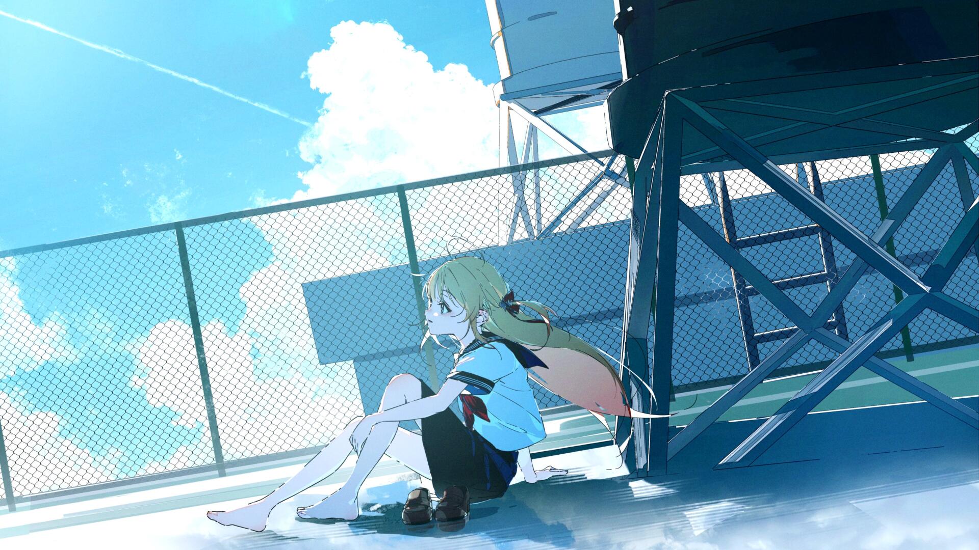 HD PC wallpaper featuring Otonose Kanade, a Virtual Youtuber anime girl, sitting thoughtfully by a rooftop fence under a bright blue sky with fluffy clouds.