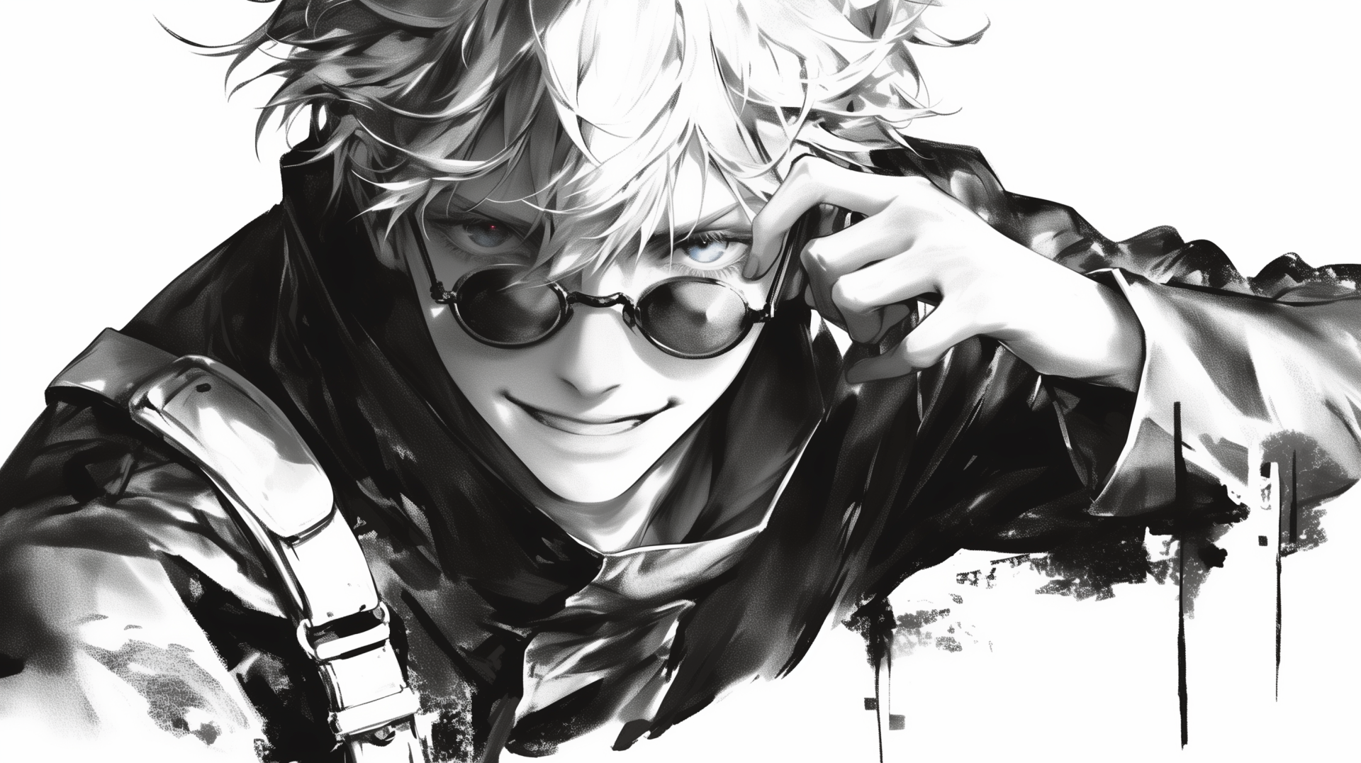 Black and white HD wallpaper featuring Satoru Gojo from Jujutsu Kaisen, showcasing his confident expression and stylish look with sunglasses.