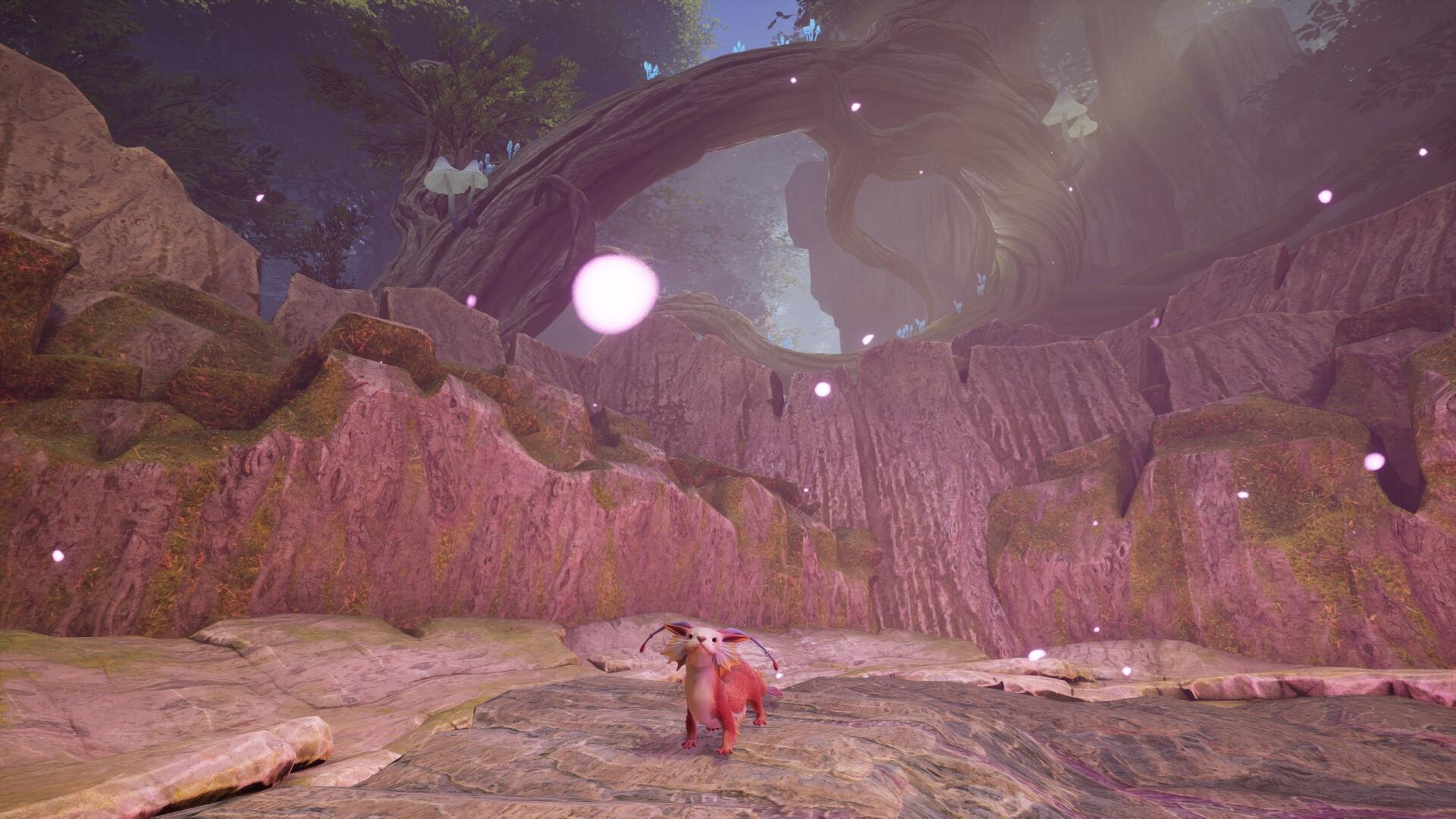 A stunning HD wallpaper from the video game Split Fiction, featuring a vibrant landscape with a character in a fantastical setting, illuminated by soft glowing orbs and surreal rock formations.