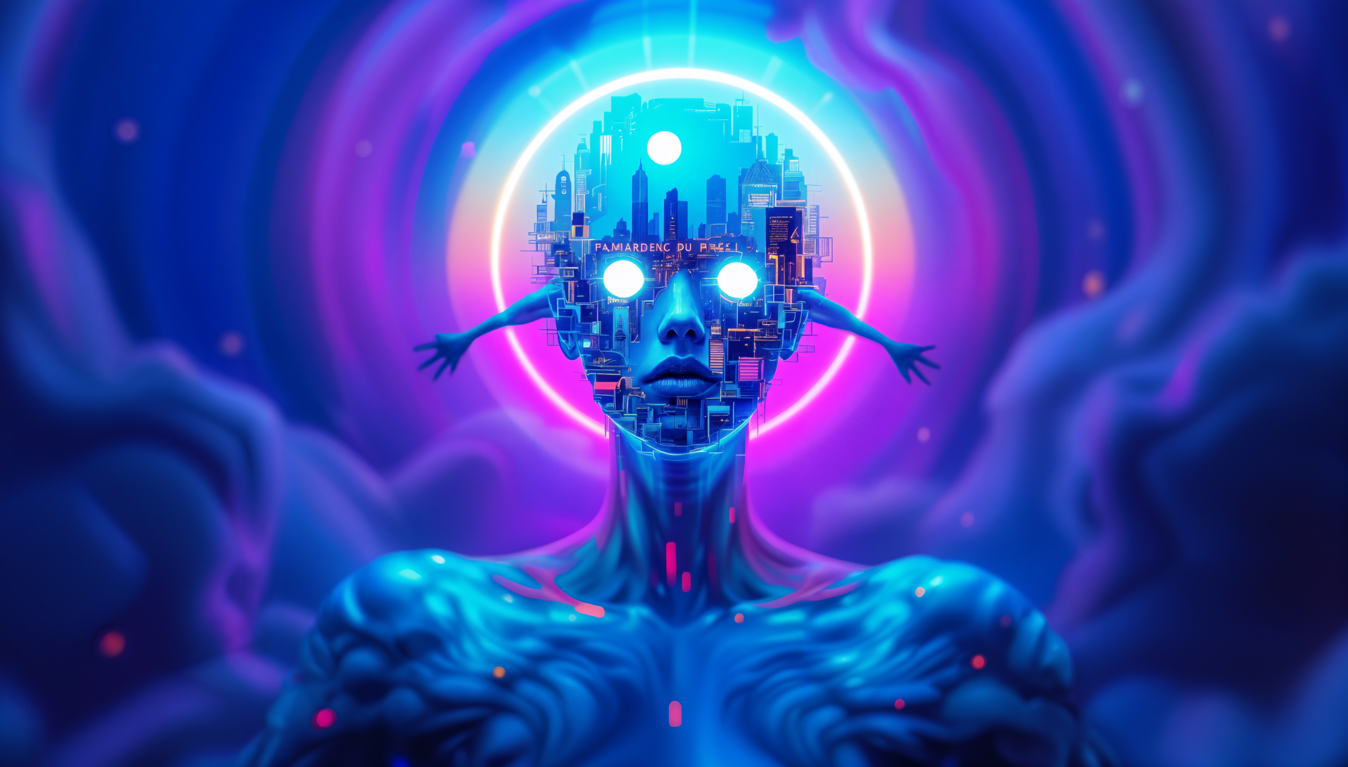 A trippy 4K Ultra HD wallpaper featuring a surreal figure with a futuristic cityscape in its head, surrounded by vibrant colors and a glowing halo, evoking a dreamlike atmosphere.