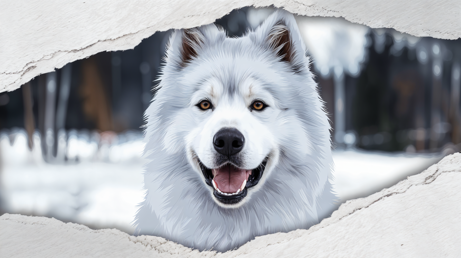 A smiling Samoyed dog with fluffy white fur stands against a snowy background, captured in this vibrant 4K Ultra HD desktop wallpaper.