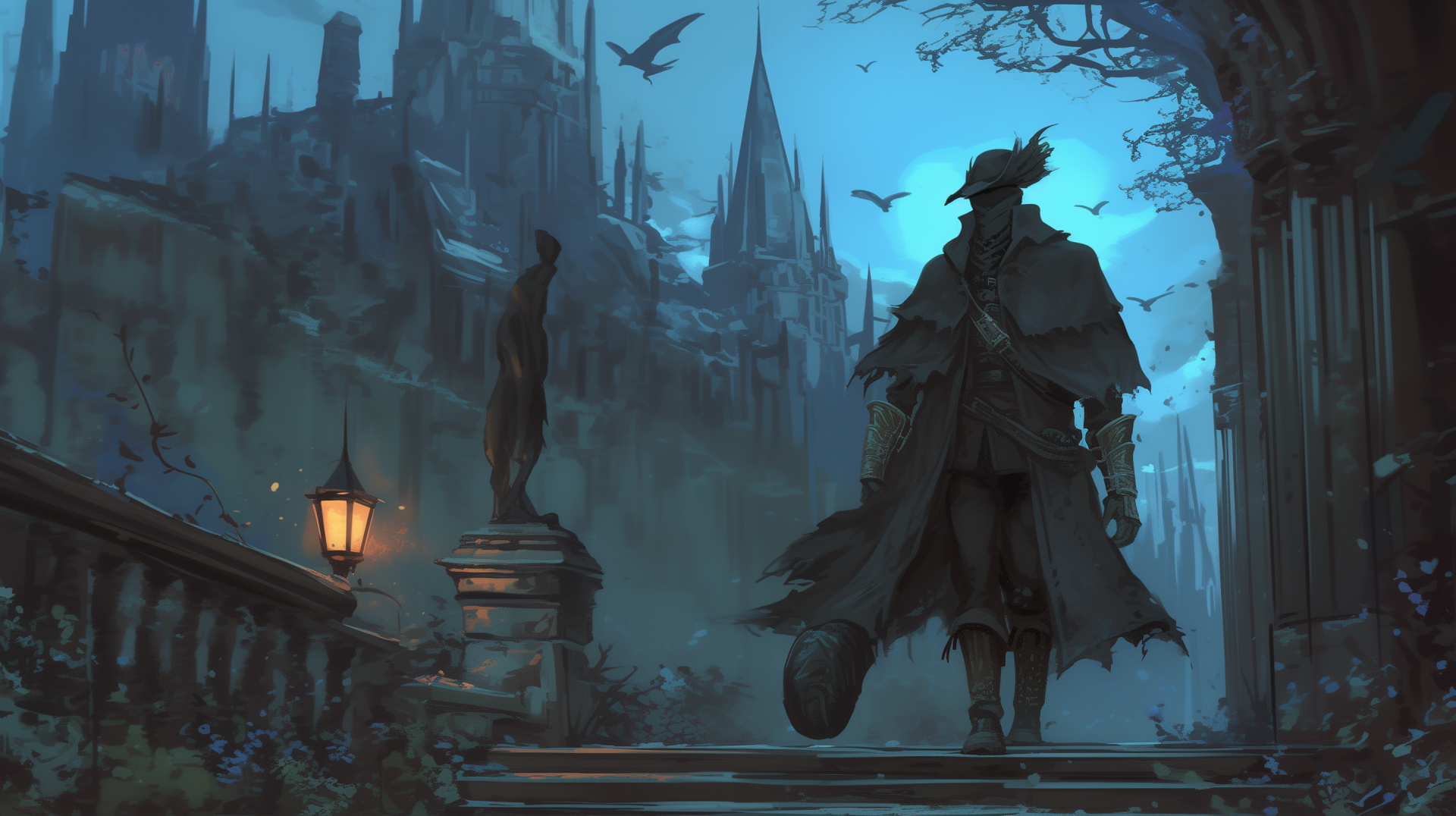 A mysterious figure in a long coat walks through a shadowy, moonlit landscape inspired by Bloodborne, featuring gothic architecture and dark, atmospheric elements.