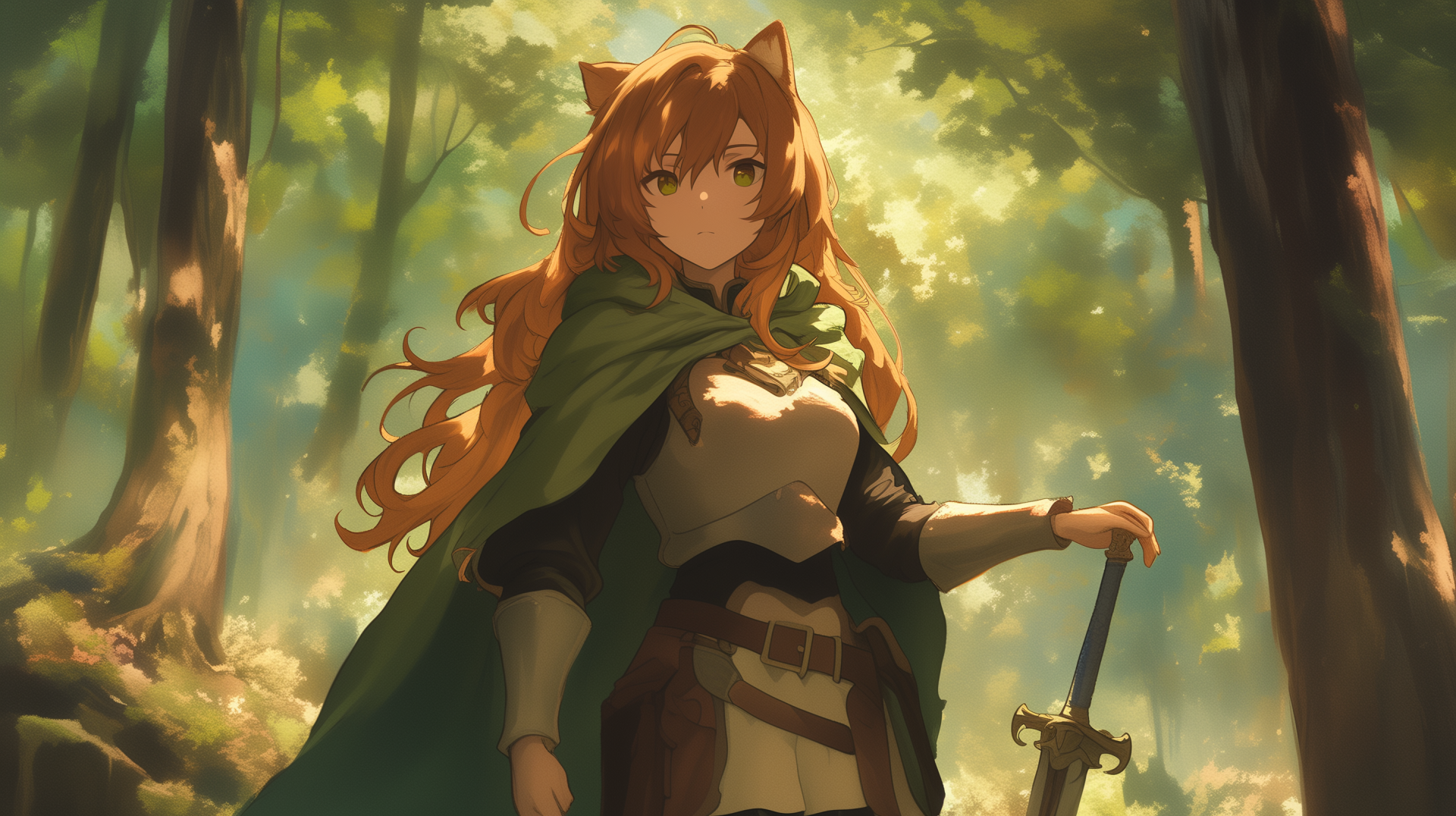 Raphtalia, from *The Rising of the Shield Hero*, stands confidently in a serene forest, her flowing hair illuminated by soft sunlight as she holds a sword, embodying strength and determination.