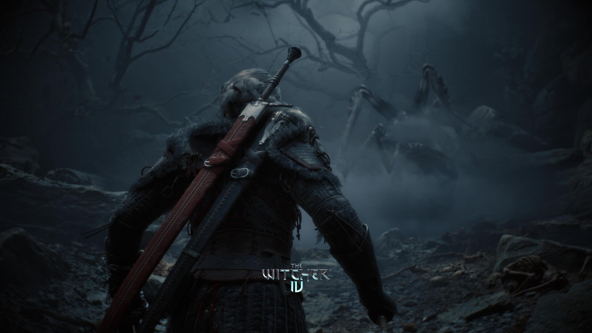 A dark, atmospheric scene from The Witcher IV, featuring a character with a sword navigating a mysterious landscape, set against a backdrop of twisted trees and fog. 4K Ultra HD quality.