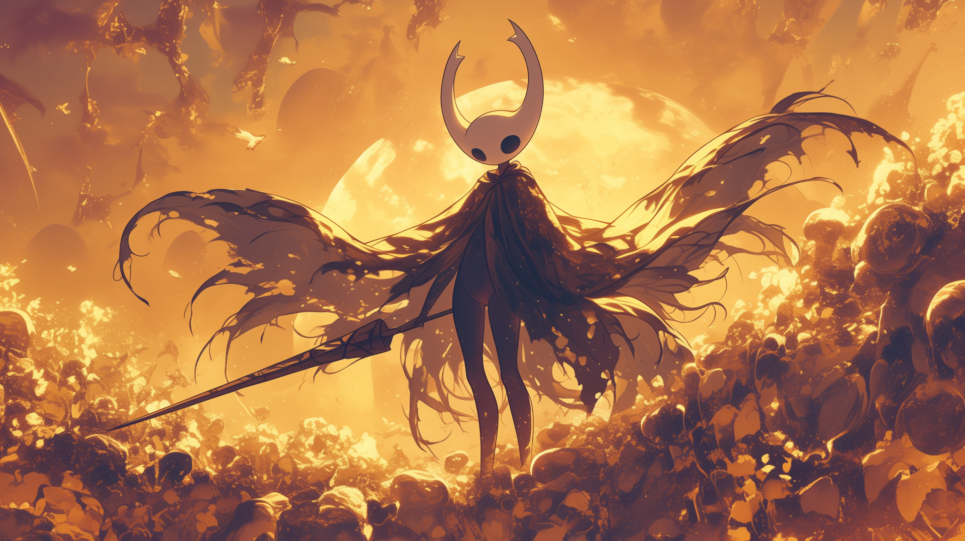 A captivating HD wallpaper from the video game Hollow Knight, featuring a mysterious figure with wings against a glowing, golden background filled with intricate details.