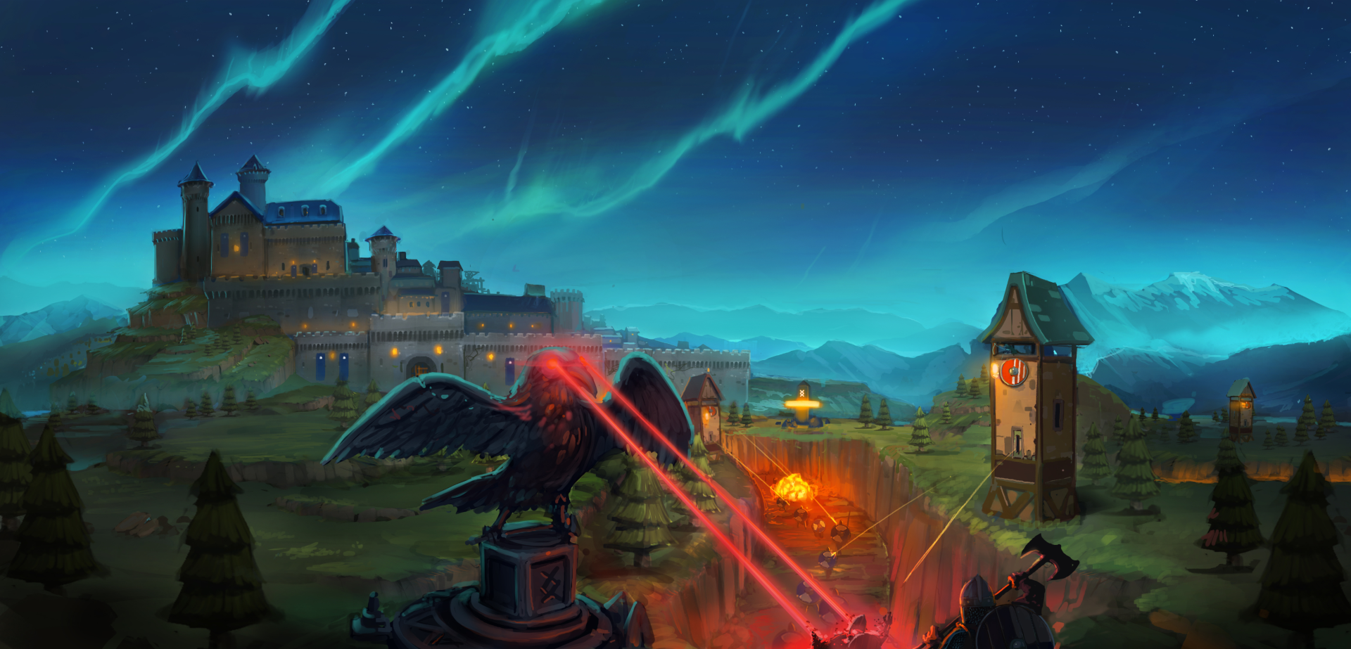 A vibrant HD wallpaper from the video game Nordhold, featuring an illuminated landscape with laser beams cutting through the night sky, set against a medieval-style backdrop.