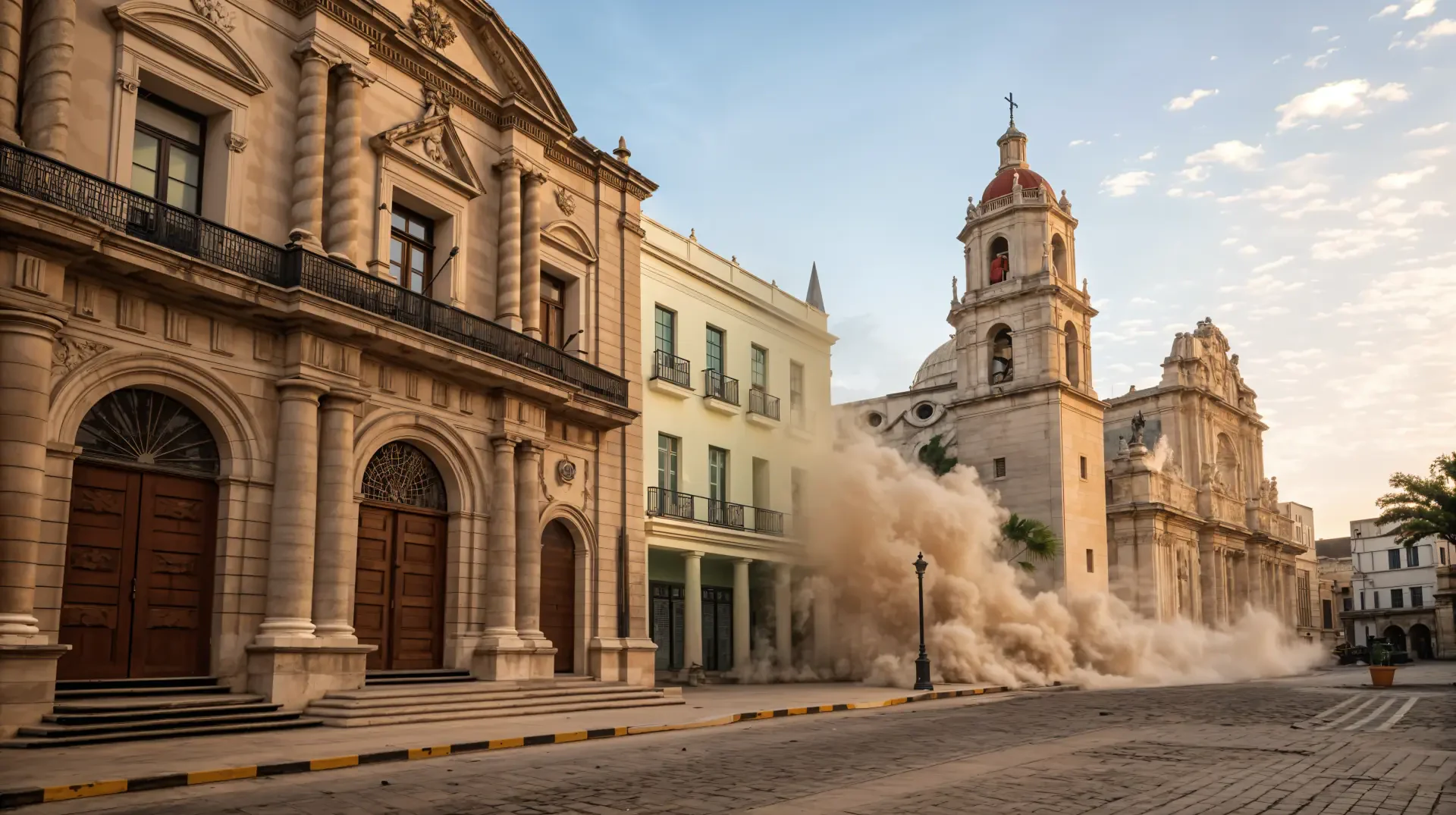 A lively street scene featuring stunning colonial architecture, capturing the charm of historic buildings with dust swirling in the air in a vibrant 4K Ultra HD wallpaper.