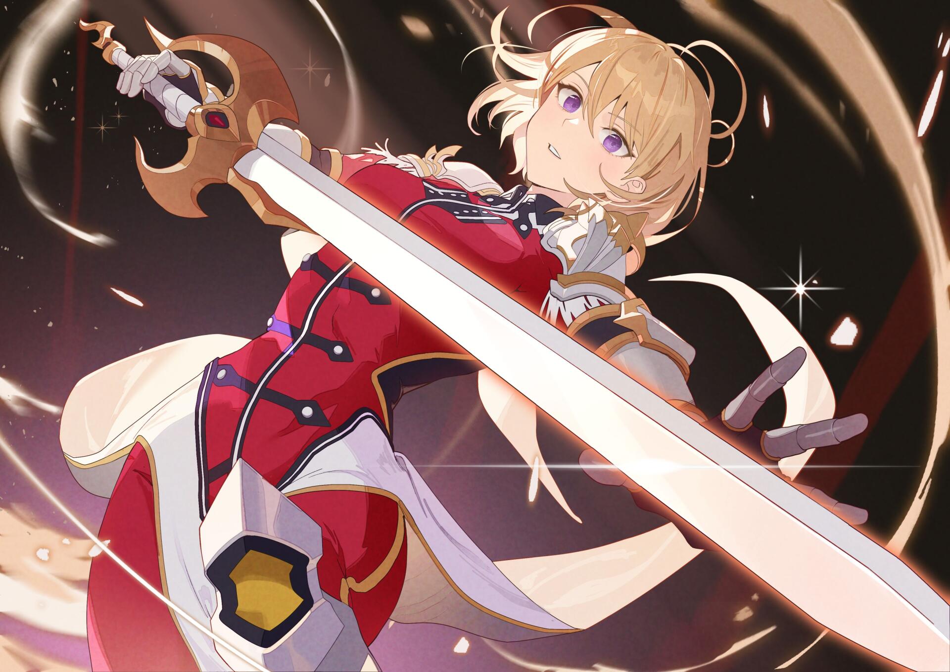 Cha Hae-in from Solo Leveling in anime style, striking a dynamic pose with a glowing sword and swirling light — 4K Ultra HD PC desktop wallpaper.