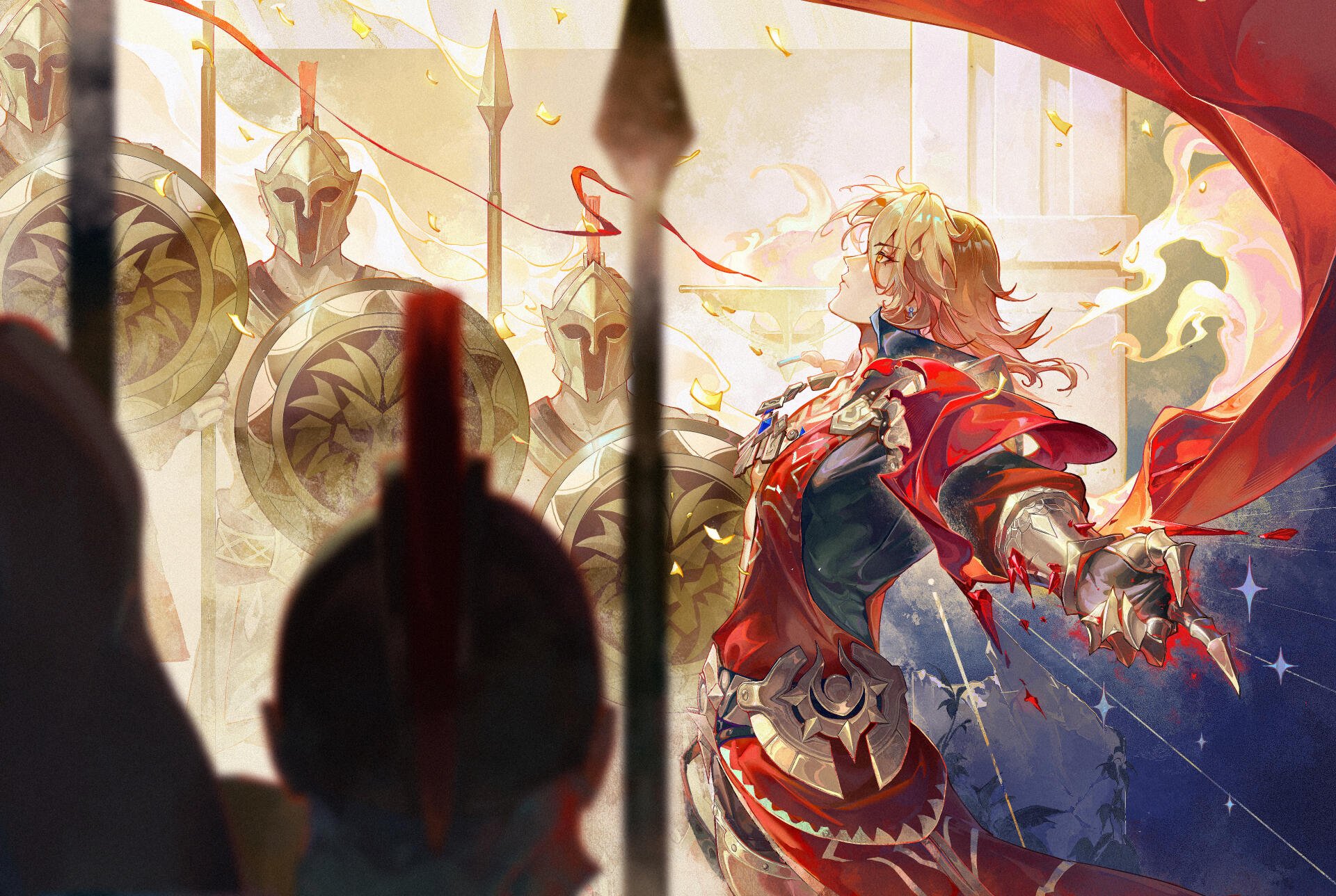 A stunning 4K Ultra HD wallpaper from the video game Honkai: Star Rail, featuring Mydei in a dynamic pose, adorned in intricate armor amidst a backdrop of soldiers and vibrant energy.