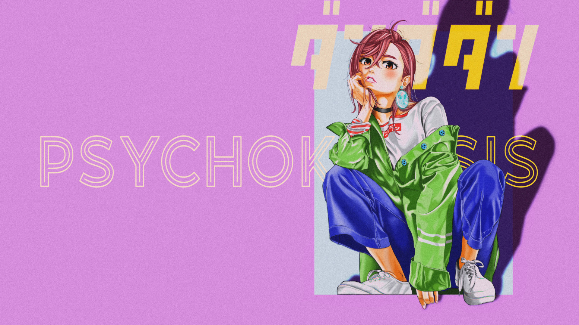 Anime-inspired HD wallpaper featuring Momo Ayase from Dandadan, showcasing a vibrant design with bold colors and a playful pose against a purple background.