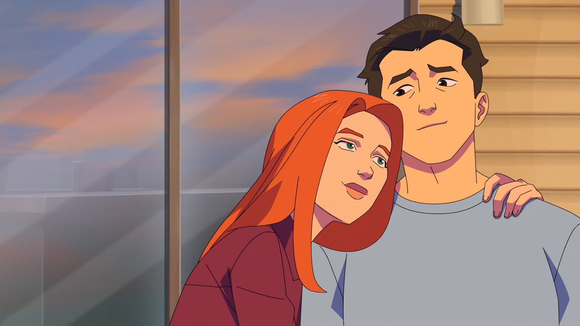 Atom Eve leans affectionately against Mark Grayson, set against a colorful sunset backdrop, capturing a tender moment from the TV show Invincible. HD wallpaper background.