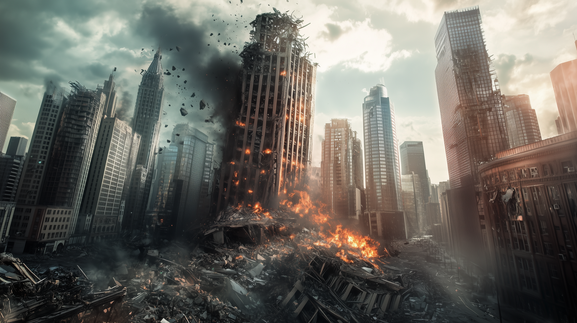 A post-apocalyptic cityscape shows towering skyscrapers in ruins, engulfed in flames and debris, capturing the aftermath of a devastating earthquake. HD wallpaper for desktop use.