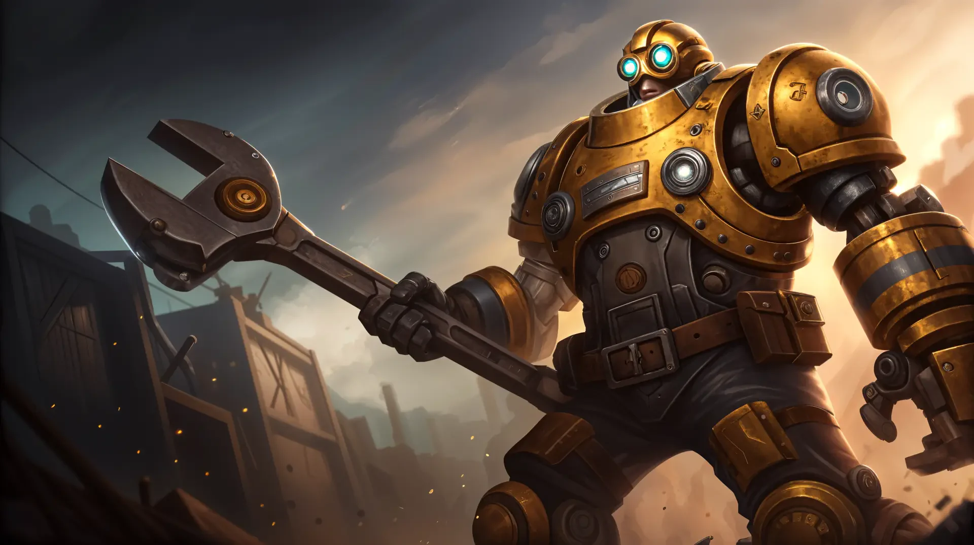 Blitzcrank from League of Legends stands tall in this 4K Ultra HD wallpaper, gripping a giant wrench against a dramatic, industrial background.