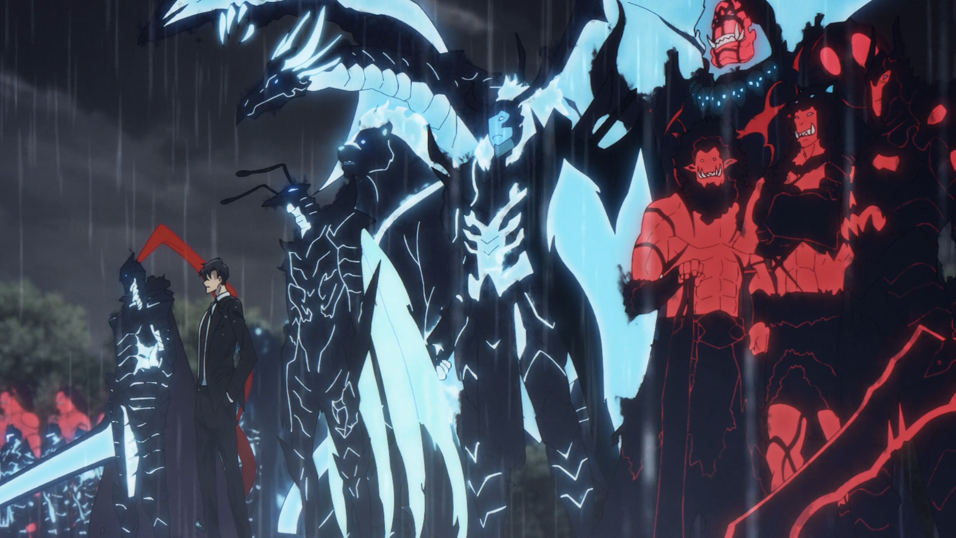 HD PC desktop wallpaper featuring dark, powerful characters from the anime Solo Leveling, showcasing an intense and atmospheric scene in the rain.
