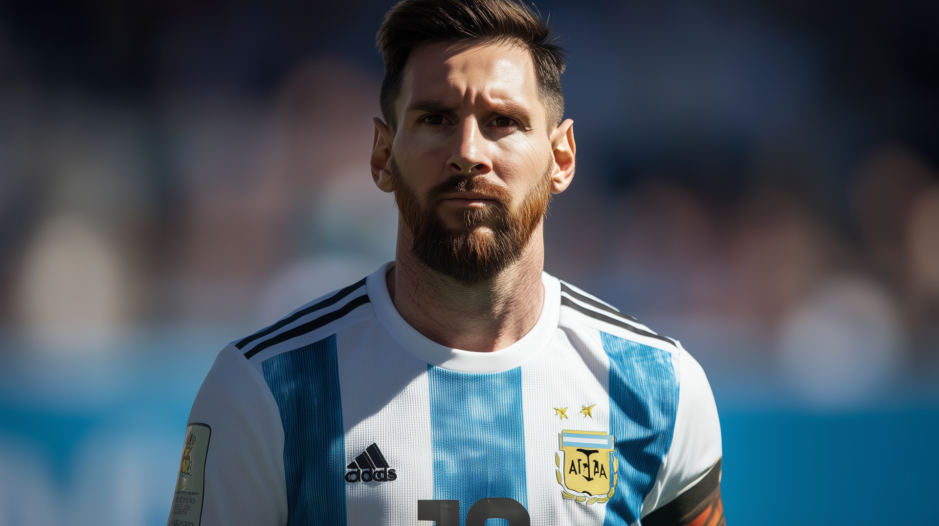 Lionel Messi, wearing the Argentina National Football Team jersey, gazes intently, capturing the spirit of soccer. An HD desktop wallpaper celebrating sports and national pride.