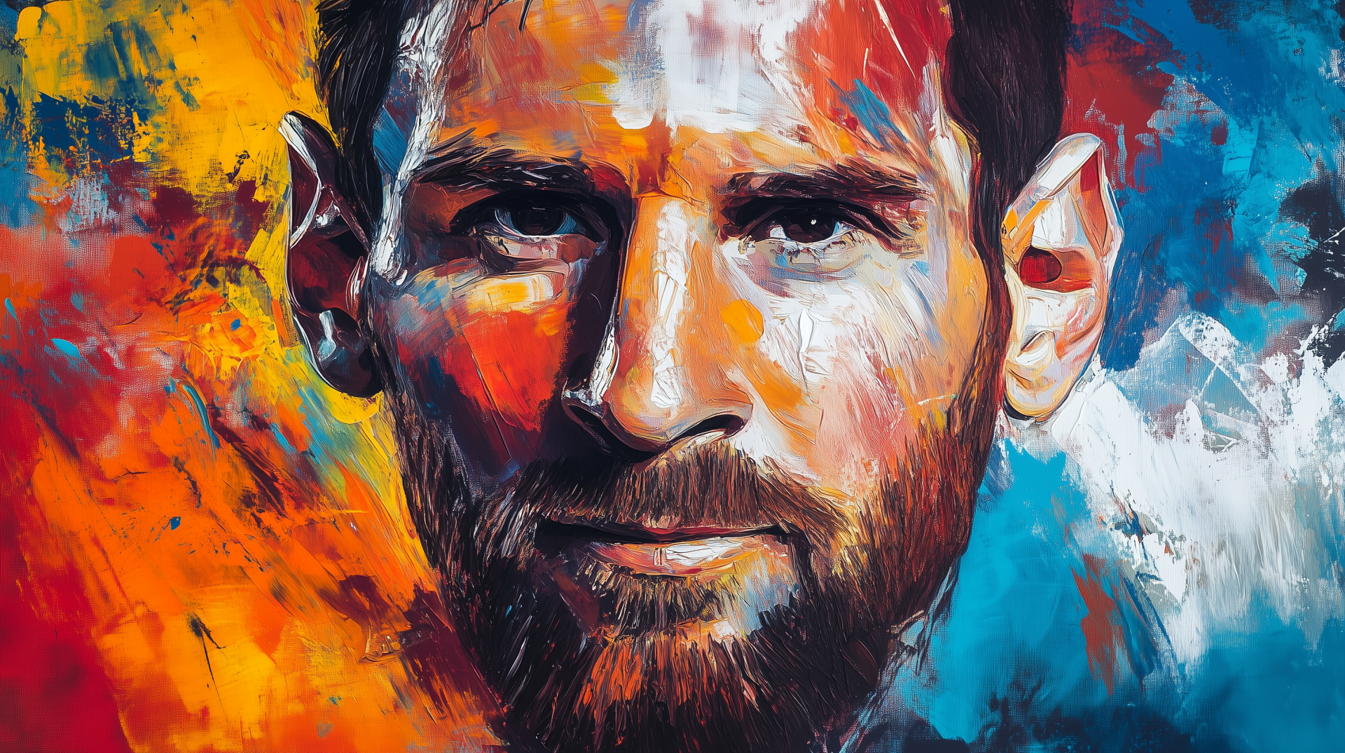 Artistic HD PC desktop wallpaper of soccer player Lionel Messi, featuring vibrant, colorful brushstrokes highlighting his intense expression.