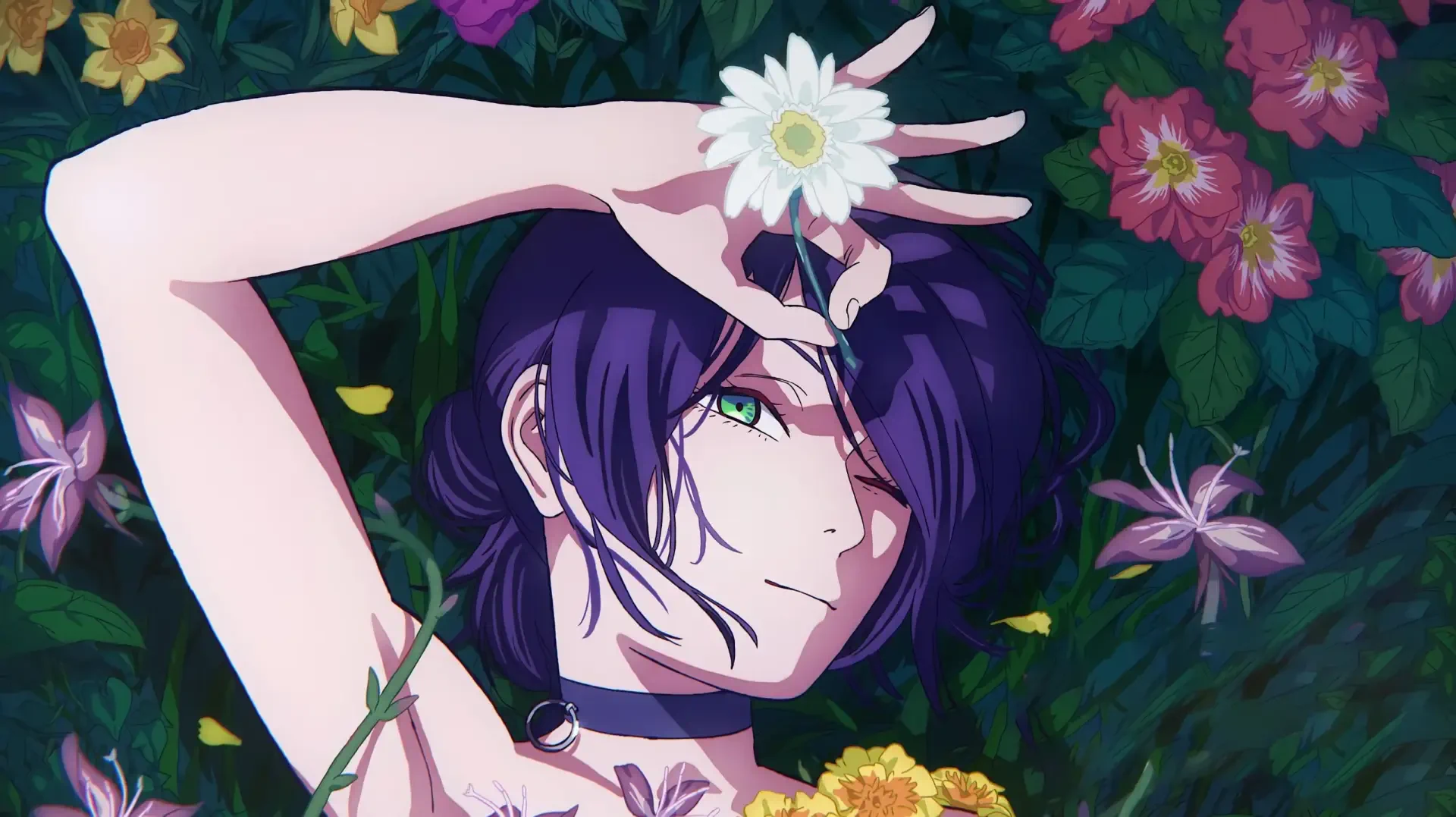 HD PC desktop wallpaper featuring a Chainsaw Man character with purple hair, green eyes, and flowers entwined around them against a dark floral background.