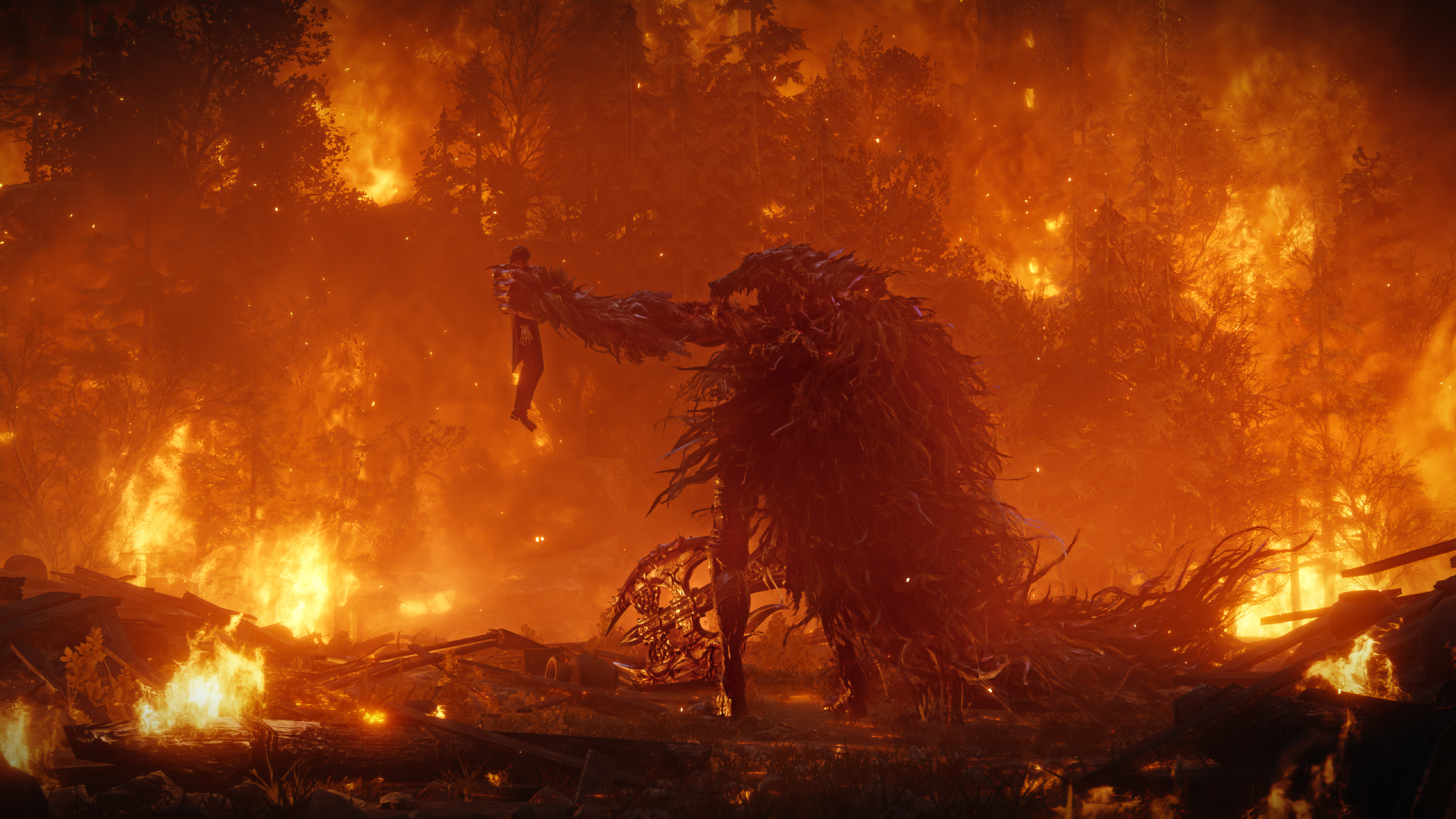 A dramatic scene from the video game The Duskbloods, featuring a menacing creature amidst a fiery landscape, serving as an HD PC desktop wallpaper and background.
