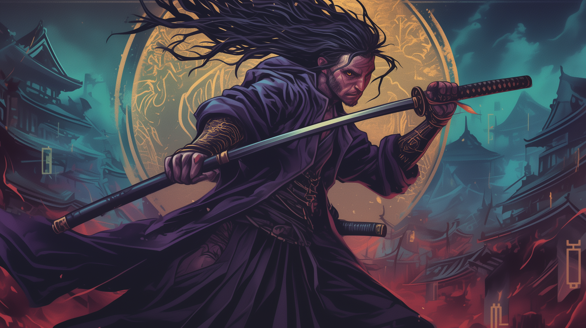 A dynamic samurai wields a katana, set against a dramatic backdrop of a glowing moon and traditional architecture, creating an engaging HD PC desktop wallpaper.