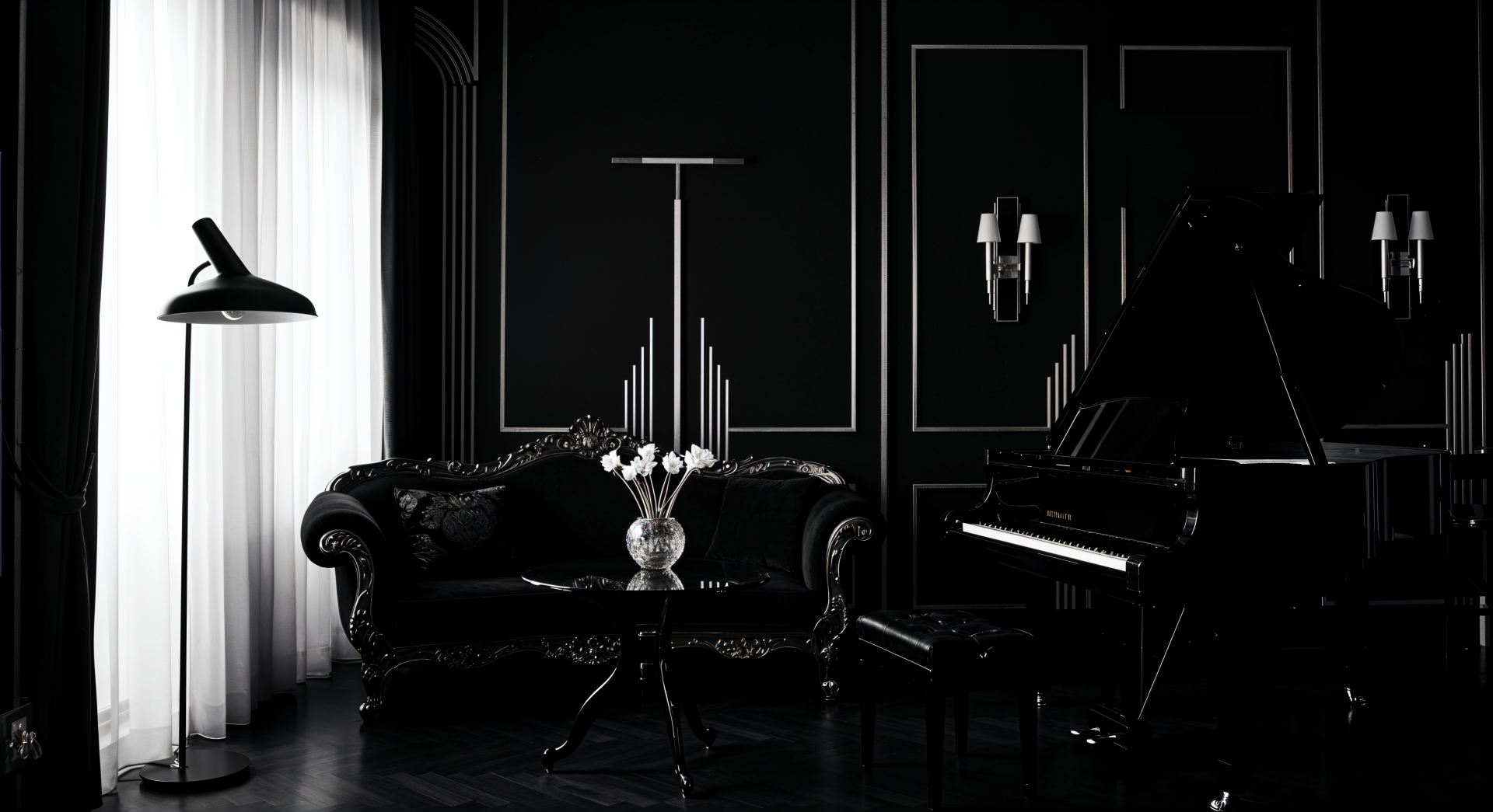 Black aesthetic living room with elegant black and white interior design, featuring a grand piano, vintage sofa, floor lamp, and a vase with flowers, captured in 4K Ultra HD.