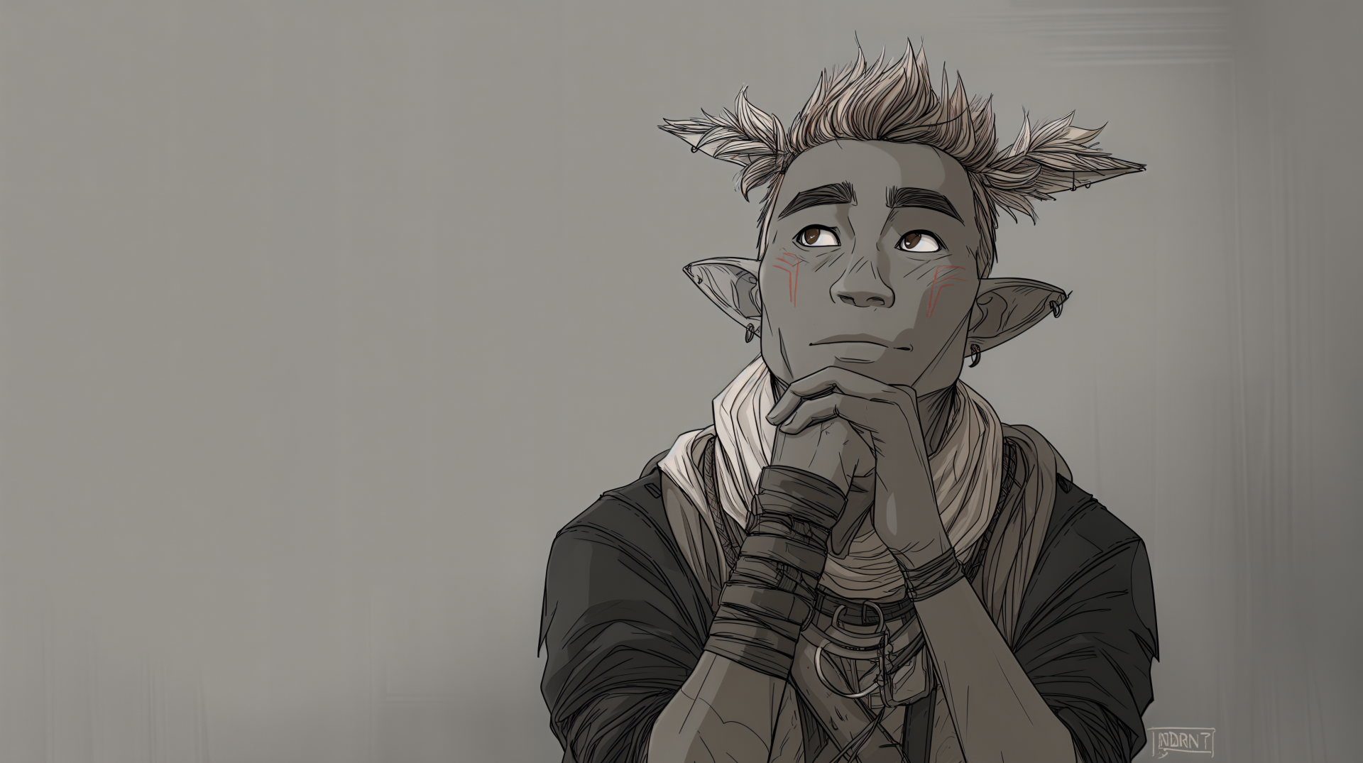 A thoughtful fantasy character with pointed ears and an expressive gaze, set against a muted backdrop, captured in stunning 4K Ultra HD detail for a captivating desktop wallpaper.