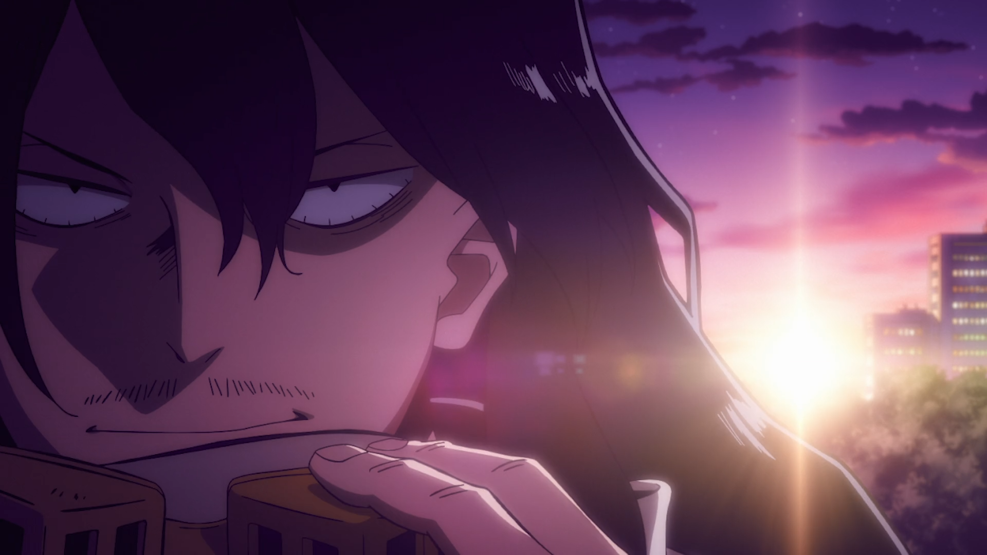 Anime HD wallpaper of Shouta Aizawa from My Hero Academia: Vigilantes — close-up at sunset, weary eyes, capture scarf draped over his hand, stern silhouette with lens flare.