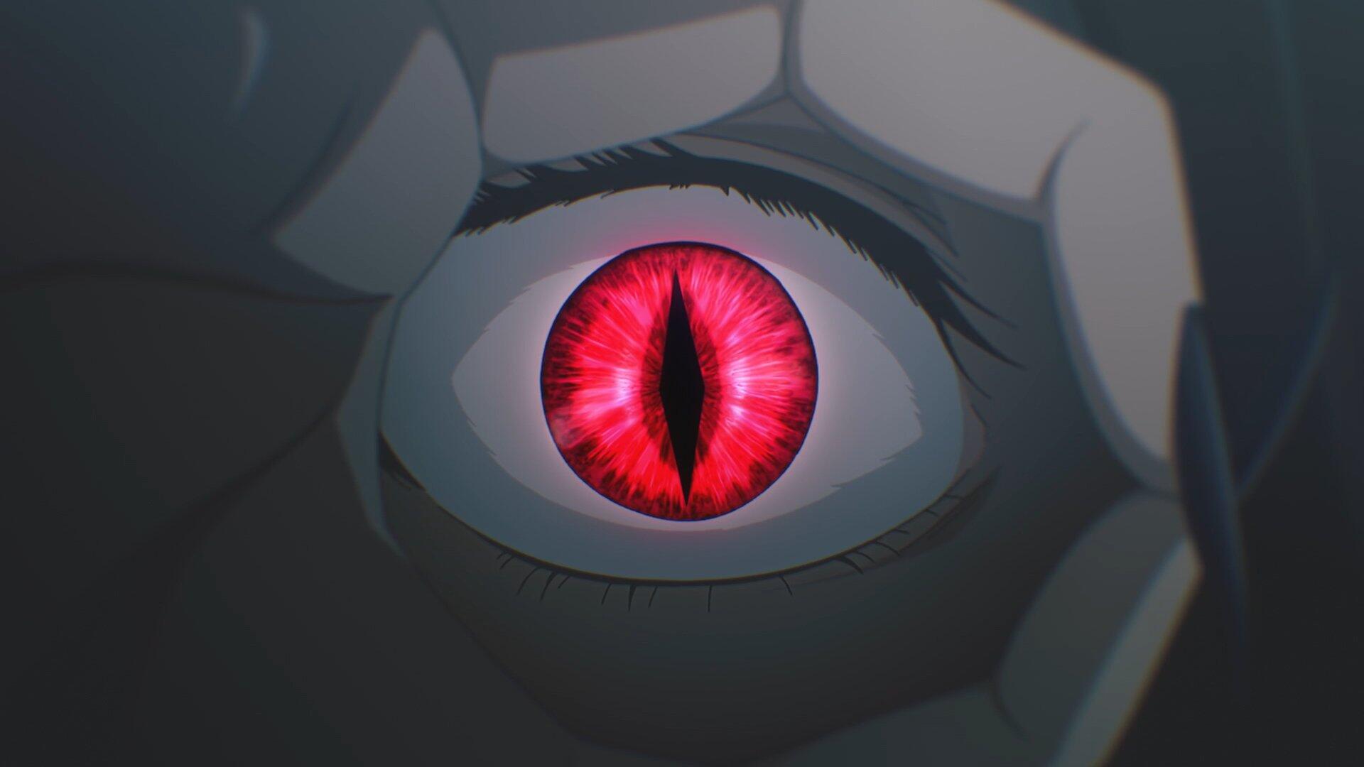 Close-up of a striking red anime eye, framed by a hand, capturing the essence of Kijin Gentōshō. This HD wallpaper showcases detailed anime eyes, perfect for desktop backgrounds.