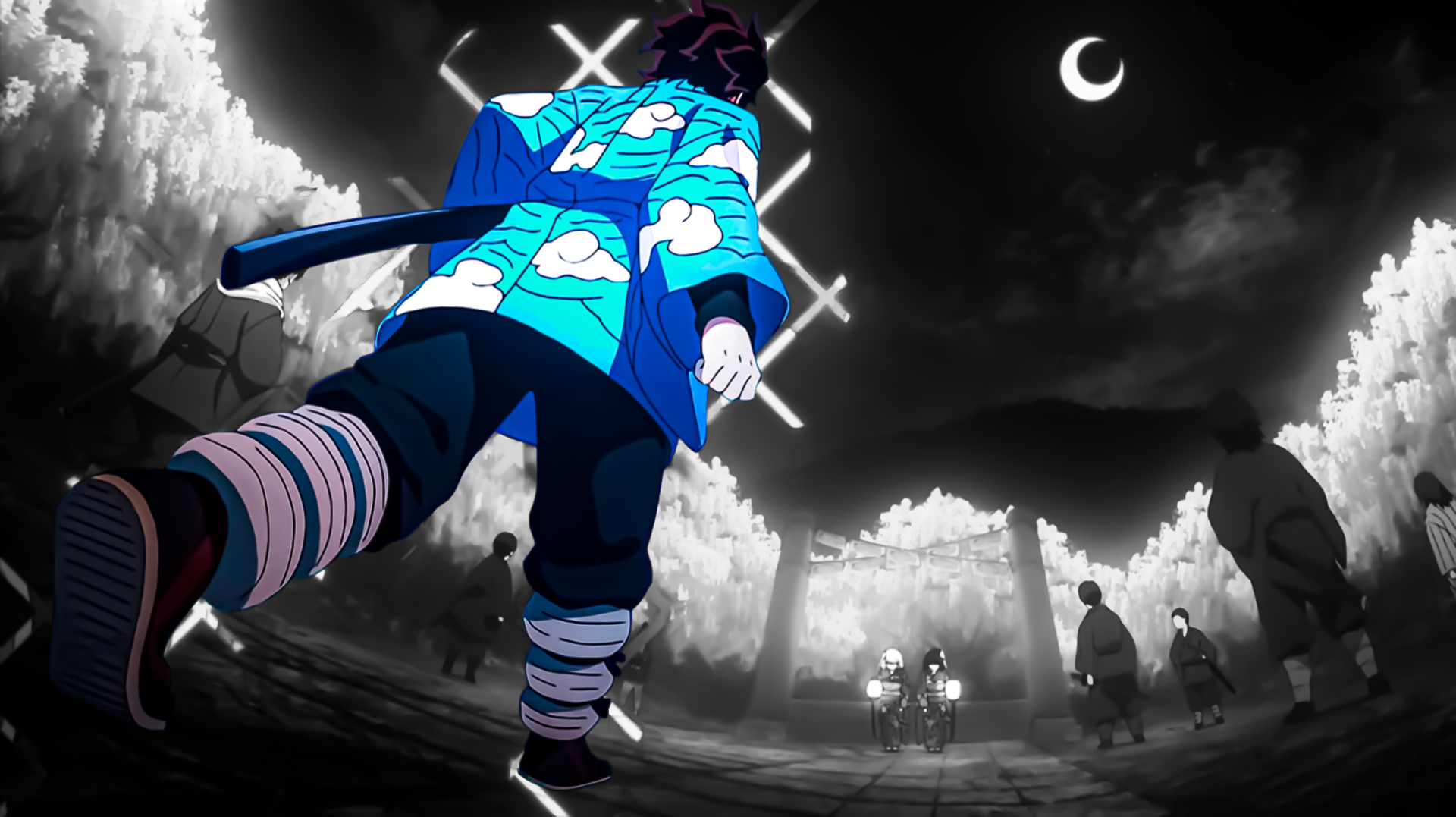 Demon Slayer: Kimetsu no Yaiba 2K Quad HD PC desktop wallpaper — low-angle swordsman in a bright cyan haori stepping toward lantern-lit figures beneath a crescent moon in a stark monochrome landscape.