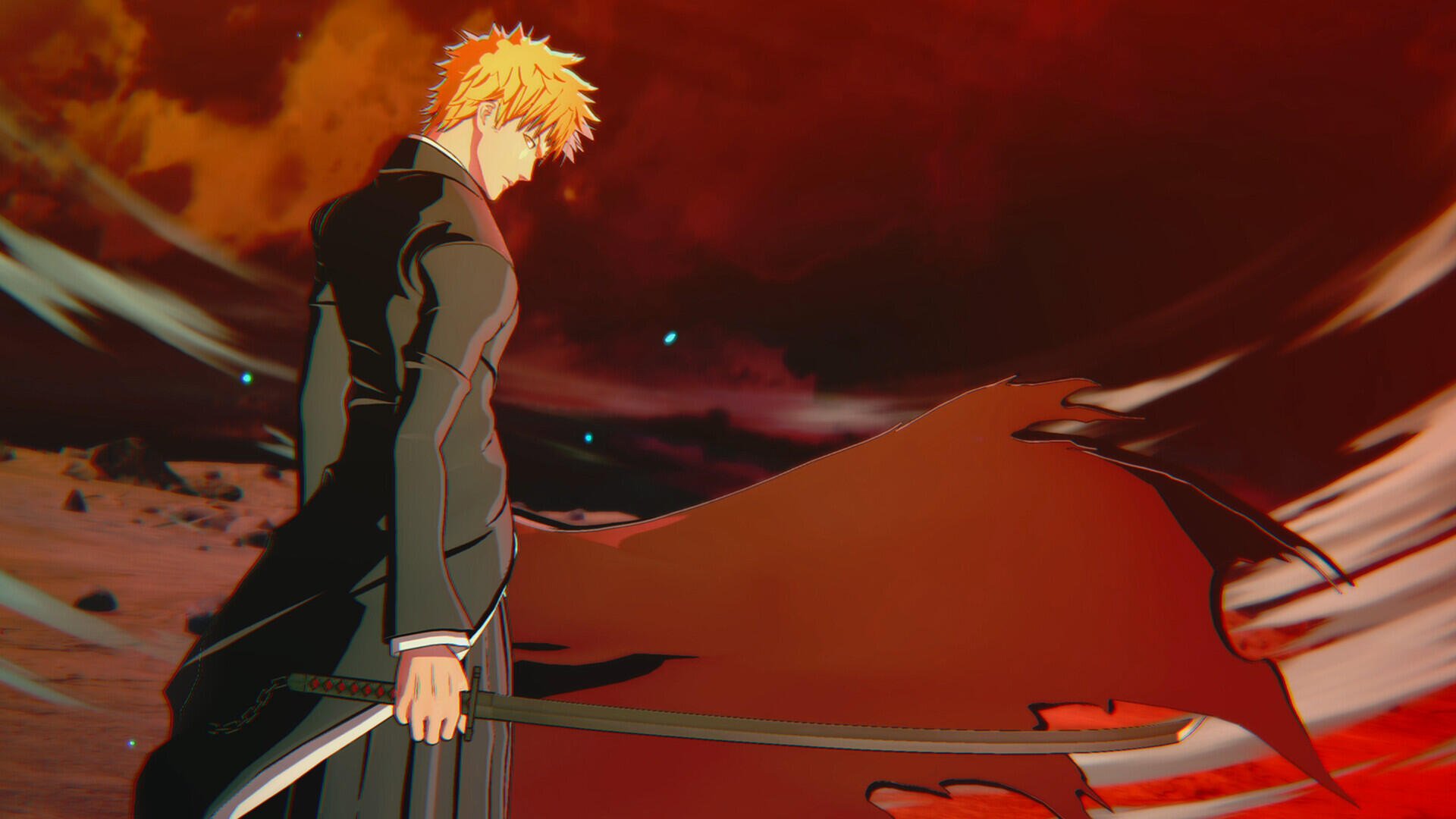 Ichigo Kurosaki stands poised with his sword against a dramatic red backdrop in this HD wallpaper from the video game Bleach: Rebirth of Souls, capturing an intense moment of action.