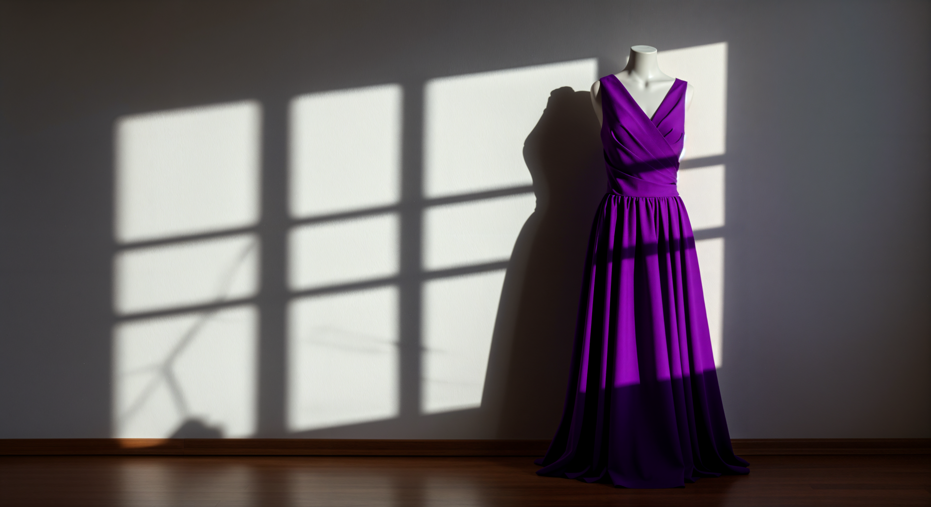 A mannequin wearing a flowing purple dress stands against a wall with window shadows, captured in sharp detail as a 4K Ultra HD desktop wallpaper.