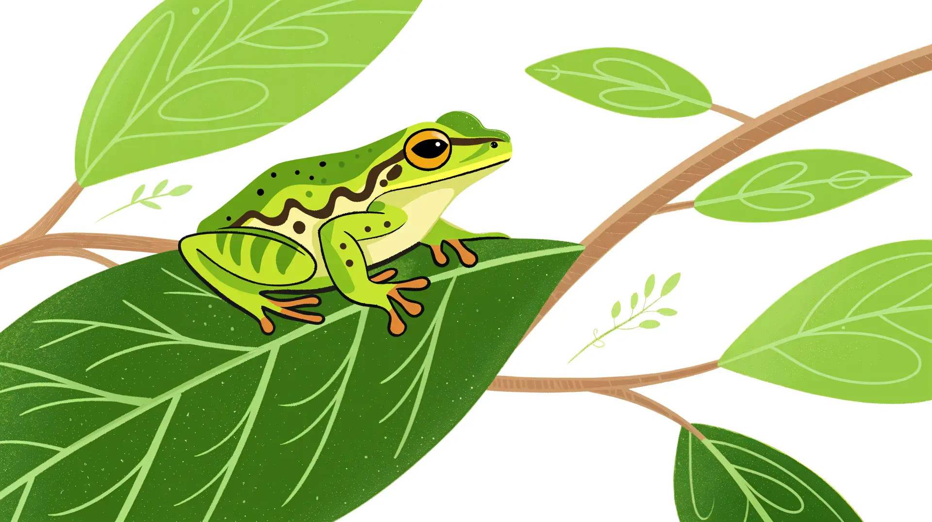 A vibrant green tree frog perched on a leaf surrounded by branches and leaves, rendered in crisp 4K Ultra HD quality for a nature-themed PC desktop wallpaper.