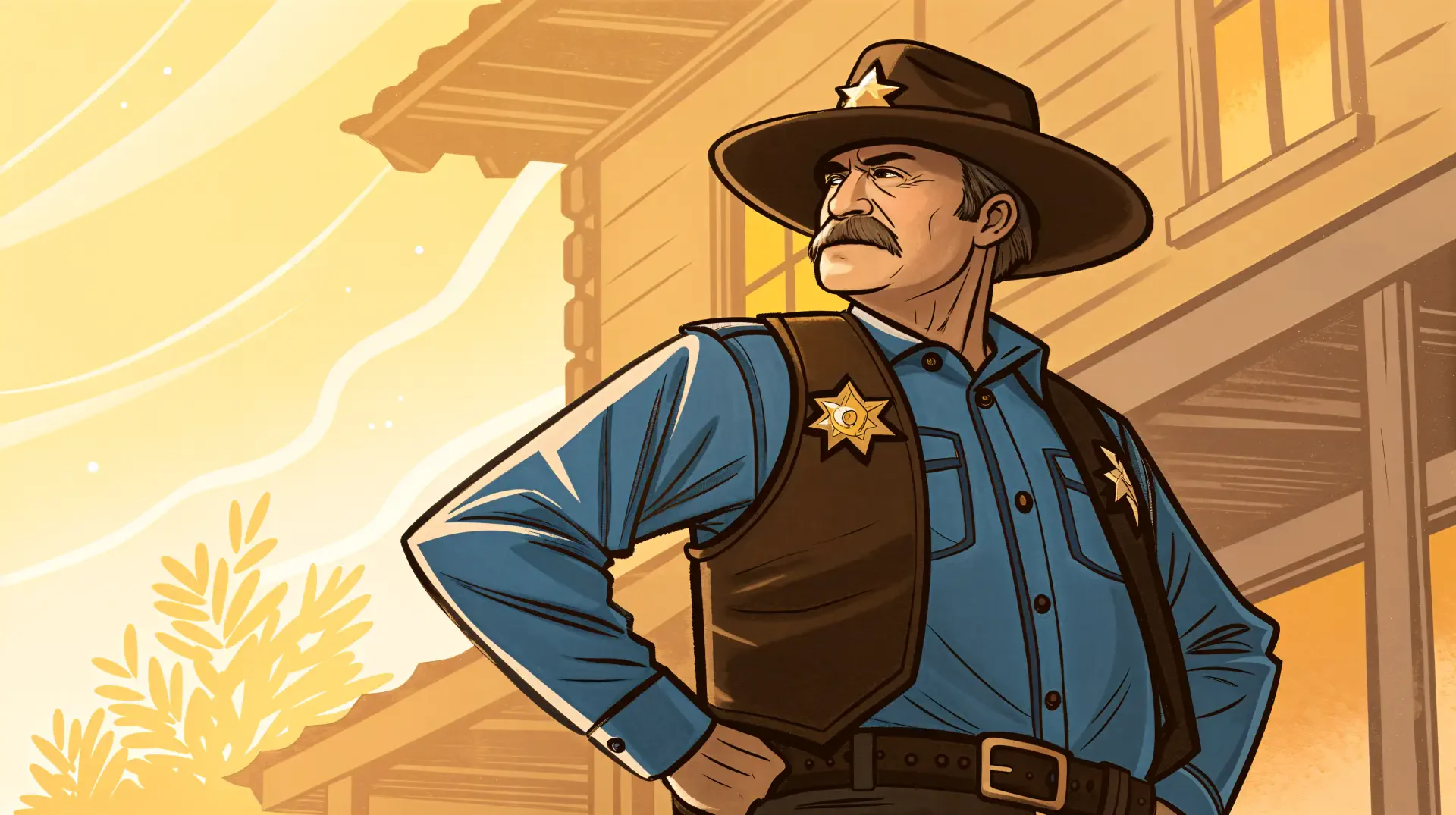 A confident sheriff stands with hands on hips, dressed in a blue shirt and a brown vest adorned with a badge, set against a warm, rustic backdrop in this 4K Ultra HD wallpaper.