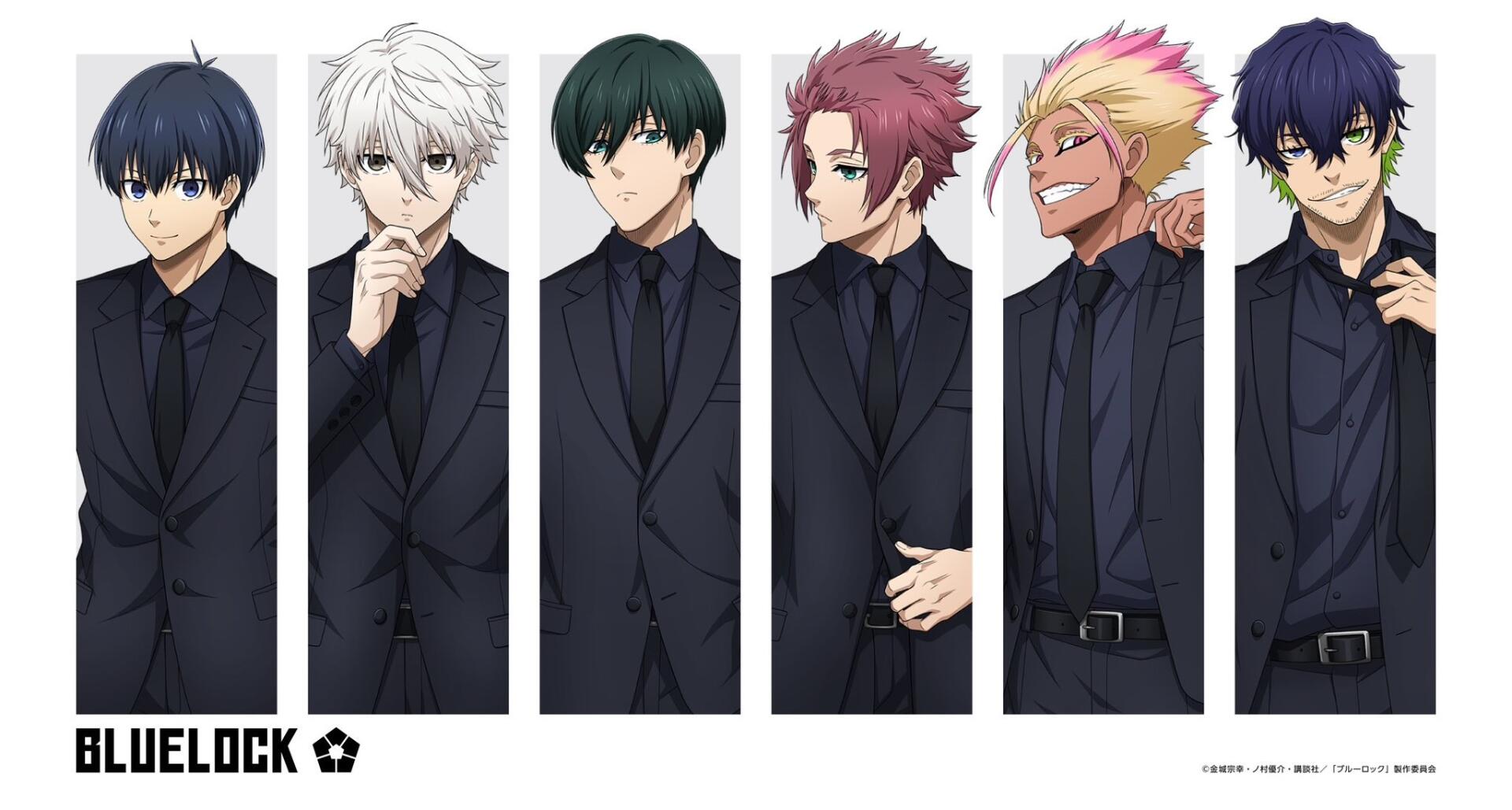 Anime-style HD desktop wallpaper featuring six male characters from Blue Lock, each dressed in black suits against a white background.