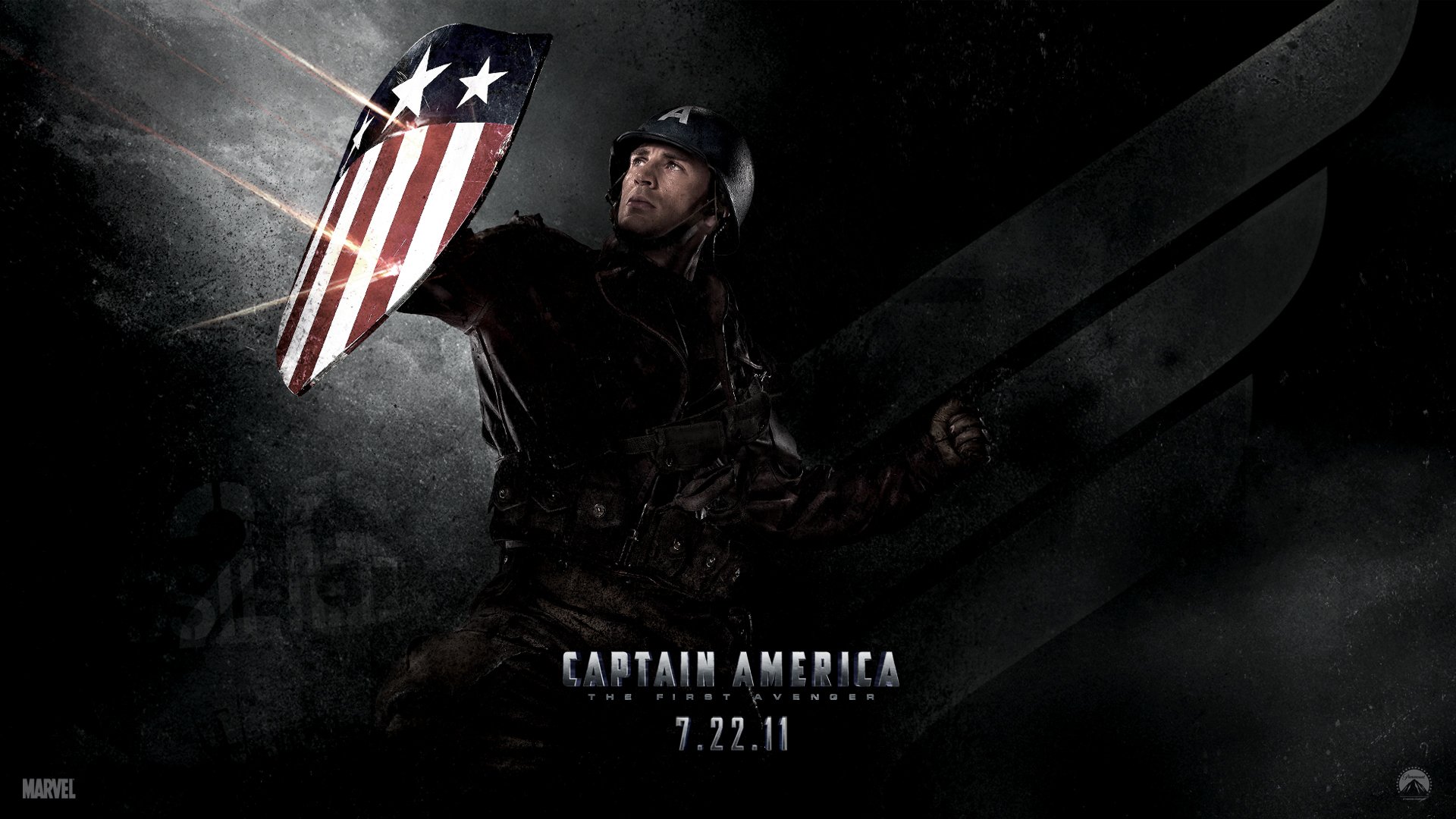 HD PC wallpaper of Captain America (The First Avenger) holding his star-spangled shield amid a dark WWII battlefield; film title and release date appear below.