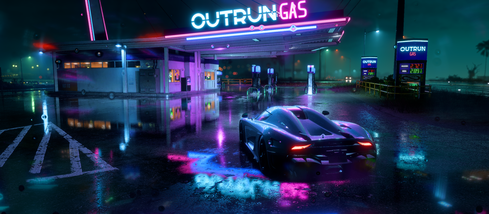 A sleek hypercar parked at a neon-lit gas station, reflecting vibrant colors on wet pavement, captures the thrilling essence of Need For Speed in this HD PC wallpaper.