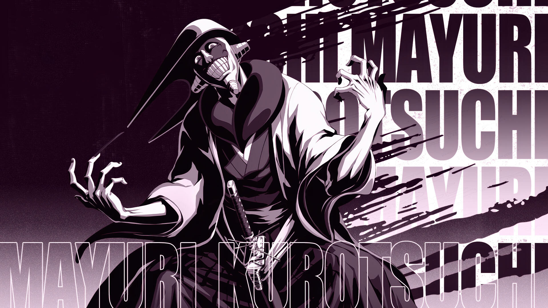 Bleach 4K Ultra HD PC desktop wallpaper and background: high-contrast monochrome illustration of a masked, grinning figure in flowing robes amid bold typographic elements.