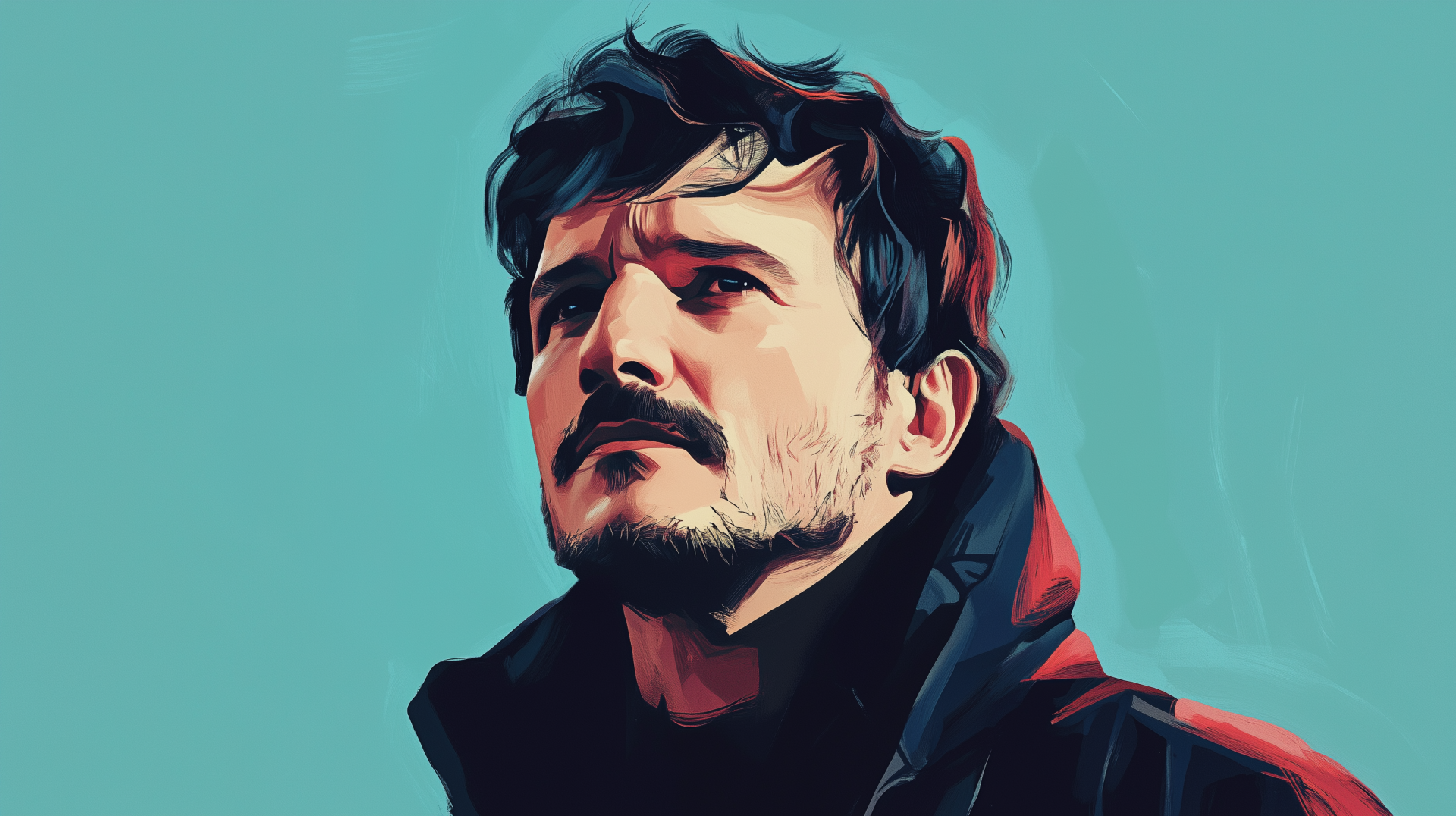 Artistic HD desktop wallpaper featuring Pedro Pascal, showcasing a stylized portrayal of him looking upward against a vibrant blue background.