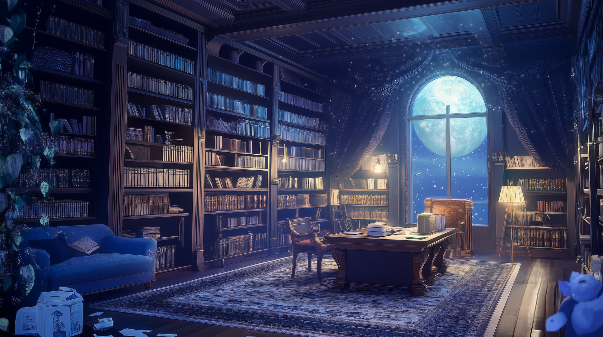 A serene anime room with a cozy library bathed in moonlight, featuring shelves of books, a wooden table, and a comfortable chair, evokes a tranquil reading atmosphere.