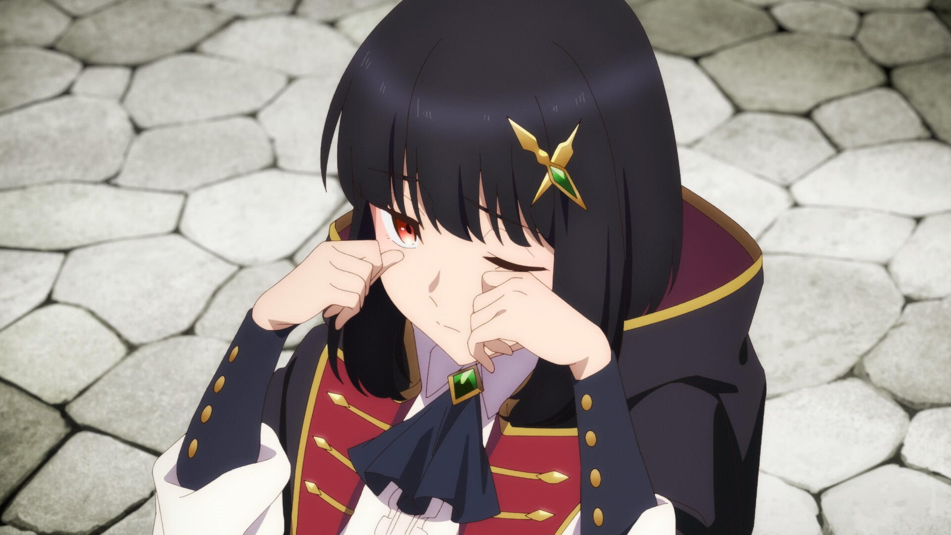 Anime-style HD desktop wallpaper from Old Country Bumpkin to Master Swordsman, depicting a dark-haired character in detailed clothing wiping their eyes.