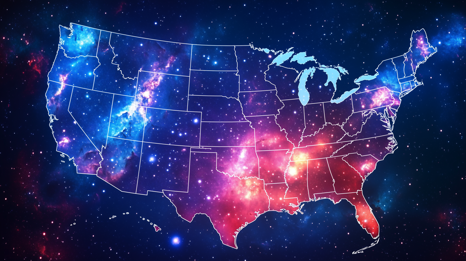 A vibrant map of the United States, filled with galaxies and cosmic colors, serves as a striking HD desktop wallpaper and background.
