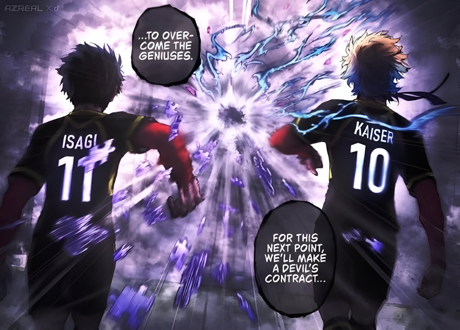 Anime-inspired HD wallpaper featuring characters Isagi Yoichi and Michael Kaiser from Blue Lock, showcasing their intense determination amid a vibrant backdrop of energy and powerful dialogue.