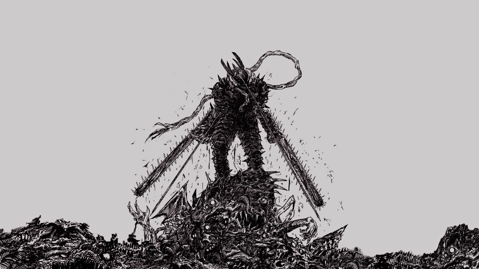 A dynamic HD wallpaper featuring Denji from Chainsaw Man brandishing chainsaws, surrounded by a chaotic scene, highlighting the intense atmosphere of the manga.