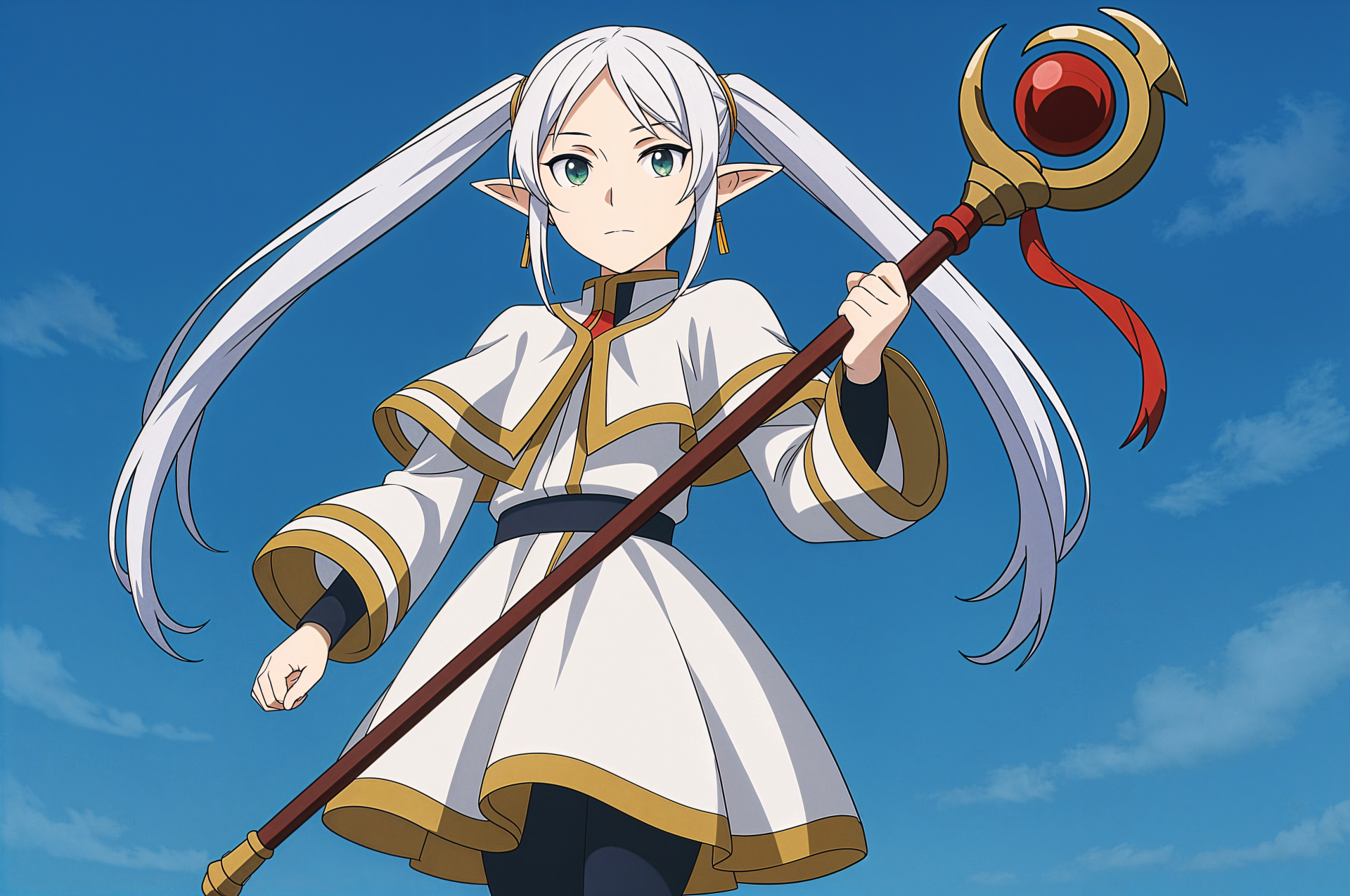A character from Frieren: Beyond Journey's End, featuring Frieren with long white hair and a staff against a bright blue sky. A captivating 4K Ultra HD desktop wallpaper.